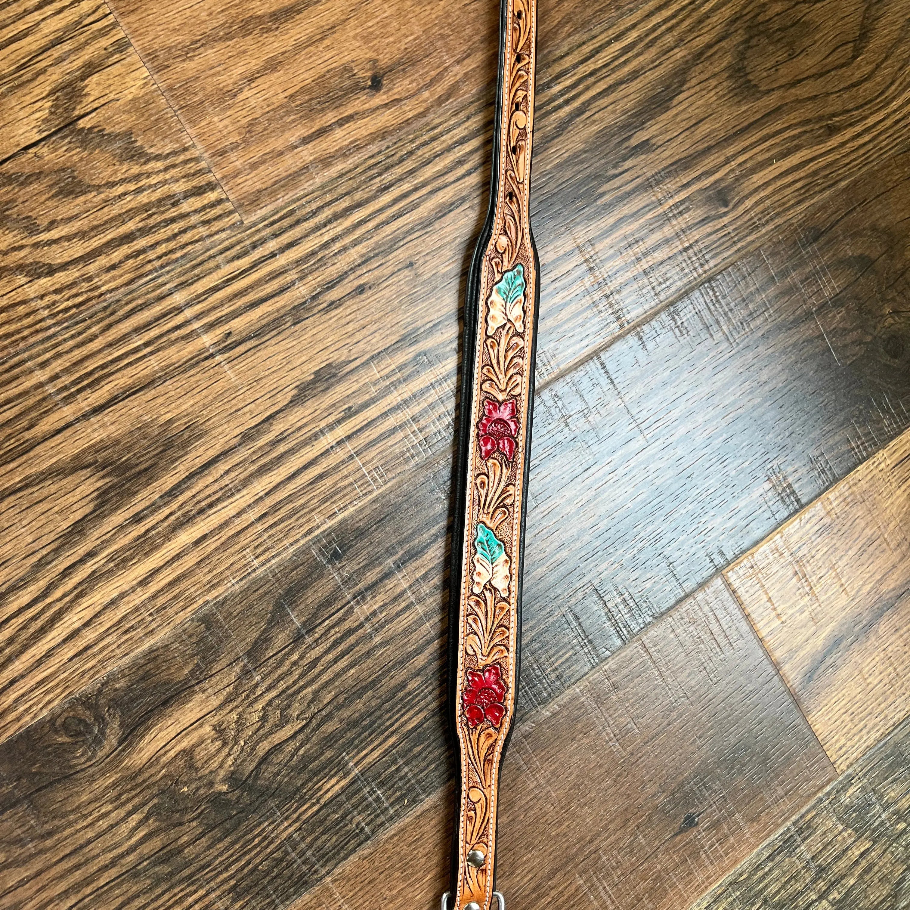 Handcrafted Padded Leather Tooled Dog Collar Red Leaf Dog