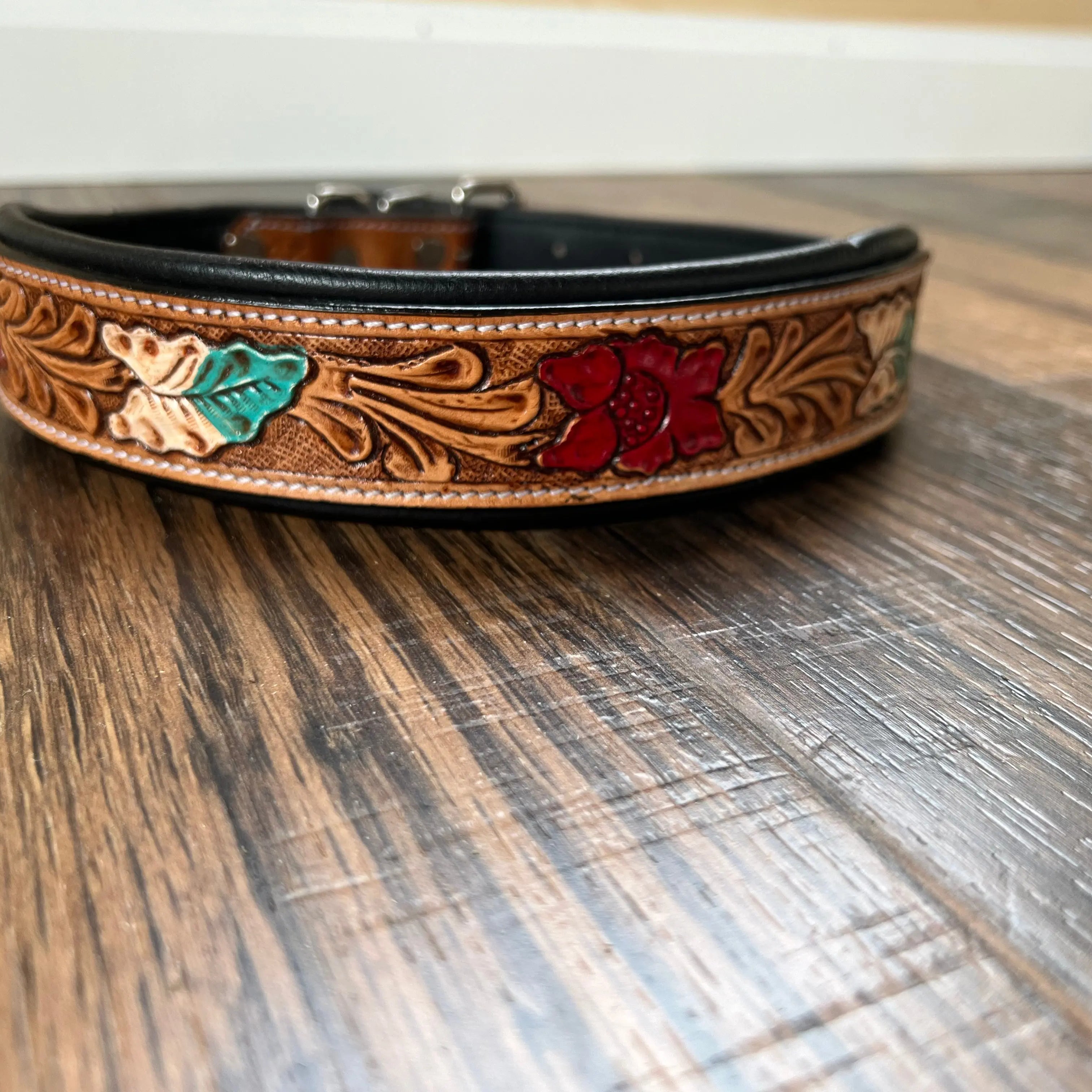 Handcrafted Padded Leather Tooled Dog Collar Red Leaf Dog