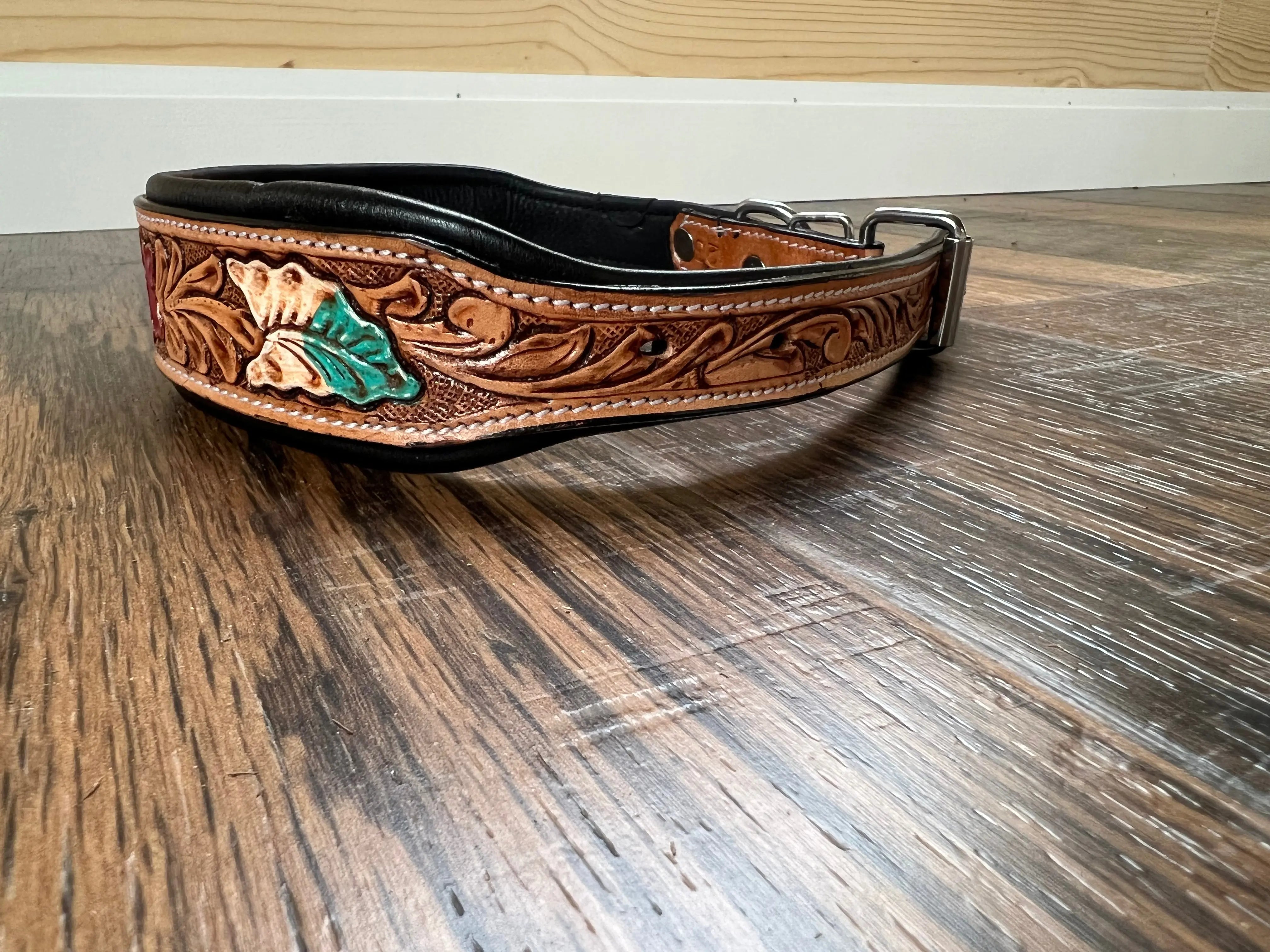 Handcrafted Padded Leather Tooled Dog Collar Red Leaf Dog