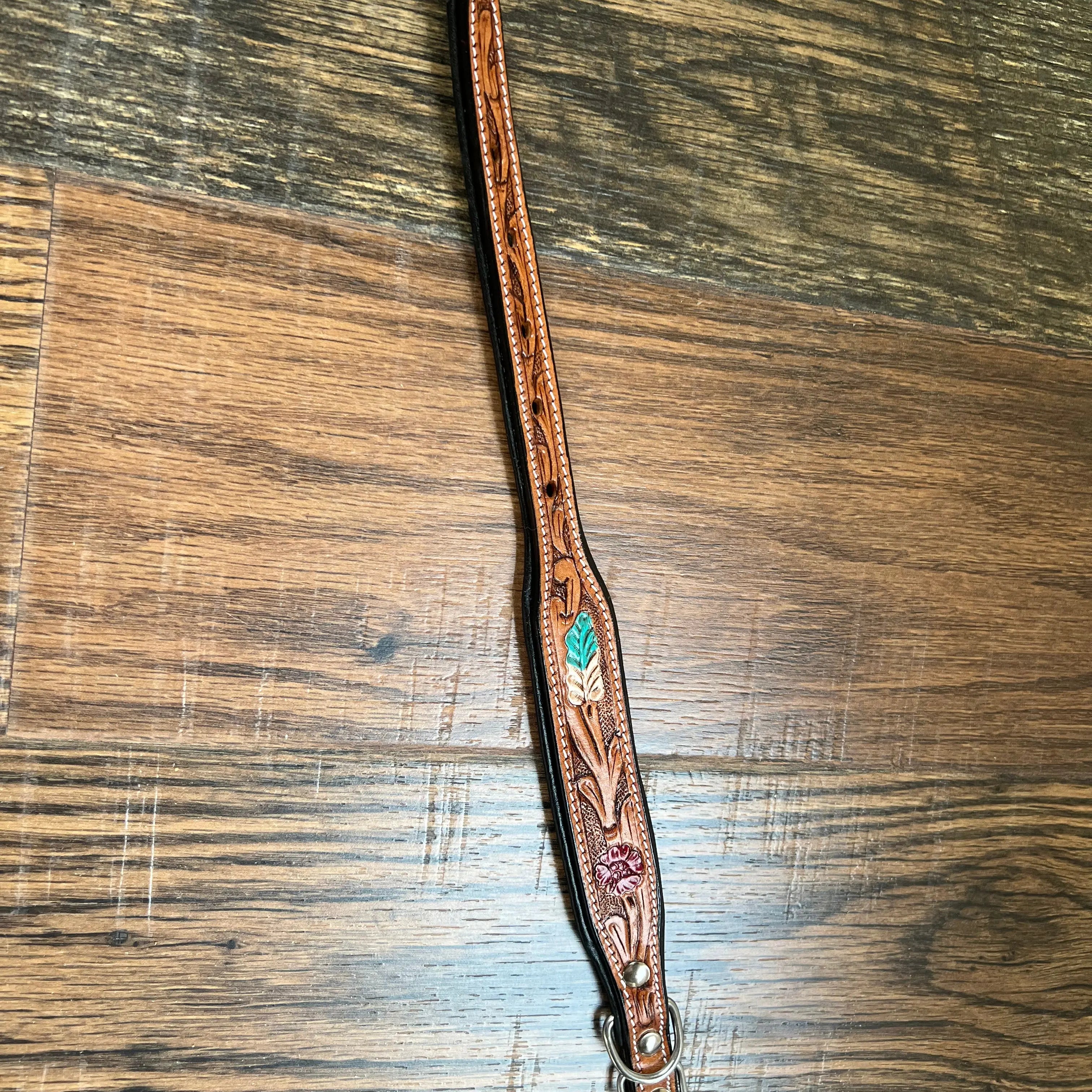 Handcrafted Padded Leather Tooled Dog Collar Red Leaf Dog