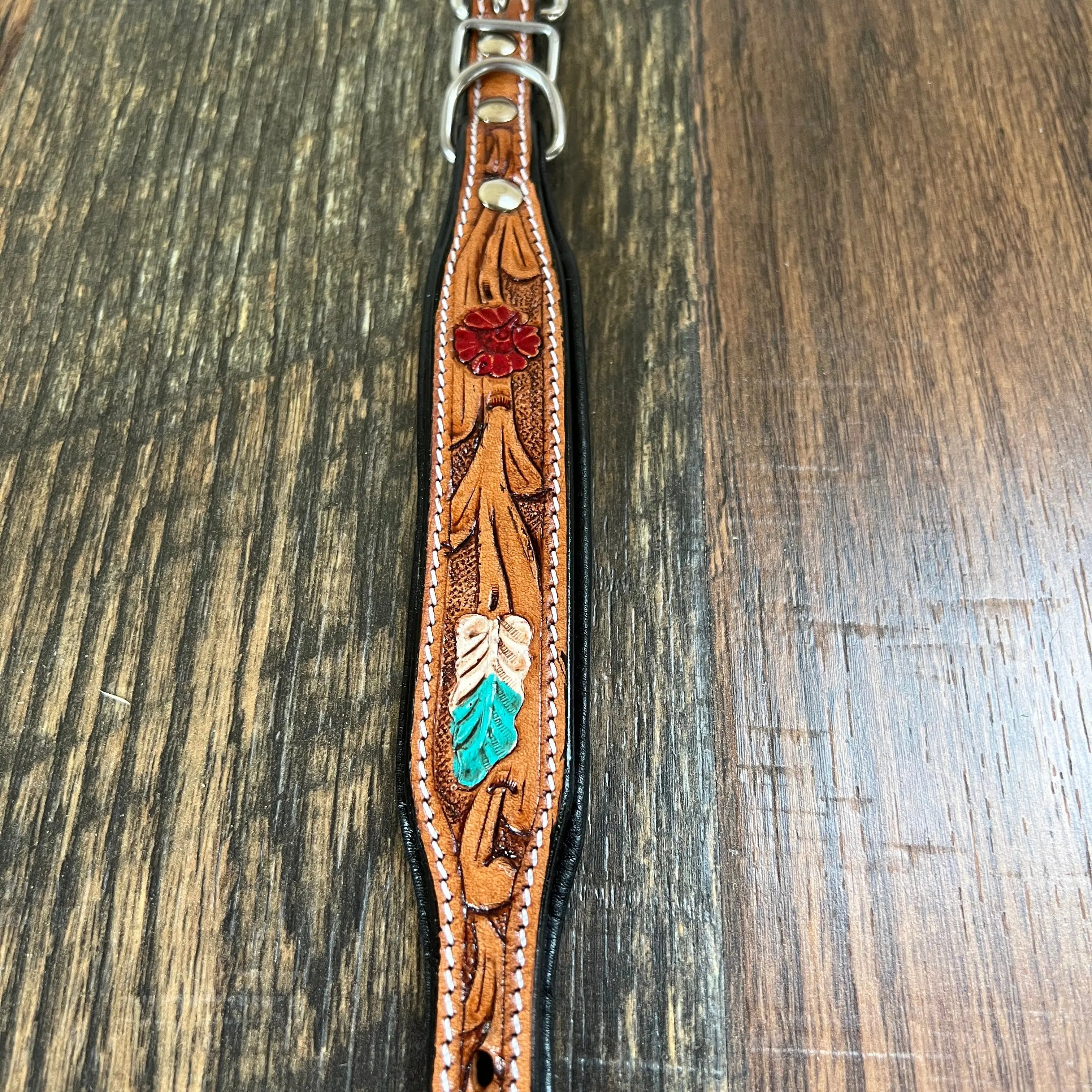 Handcrafted Padded Leather Tooled Dog Collar Red Leaf Dog