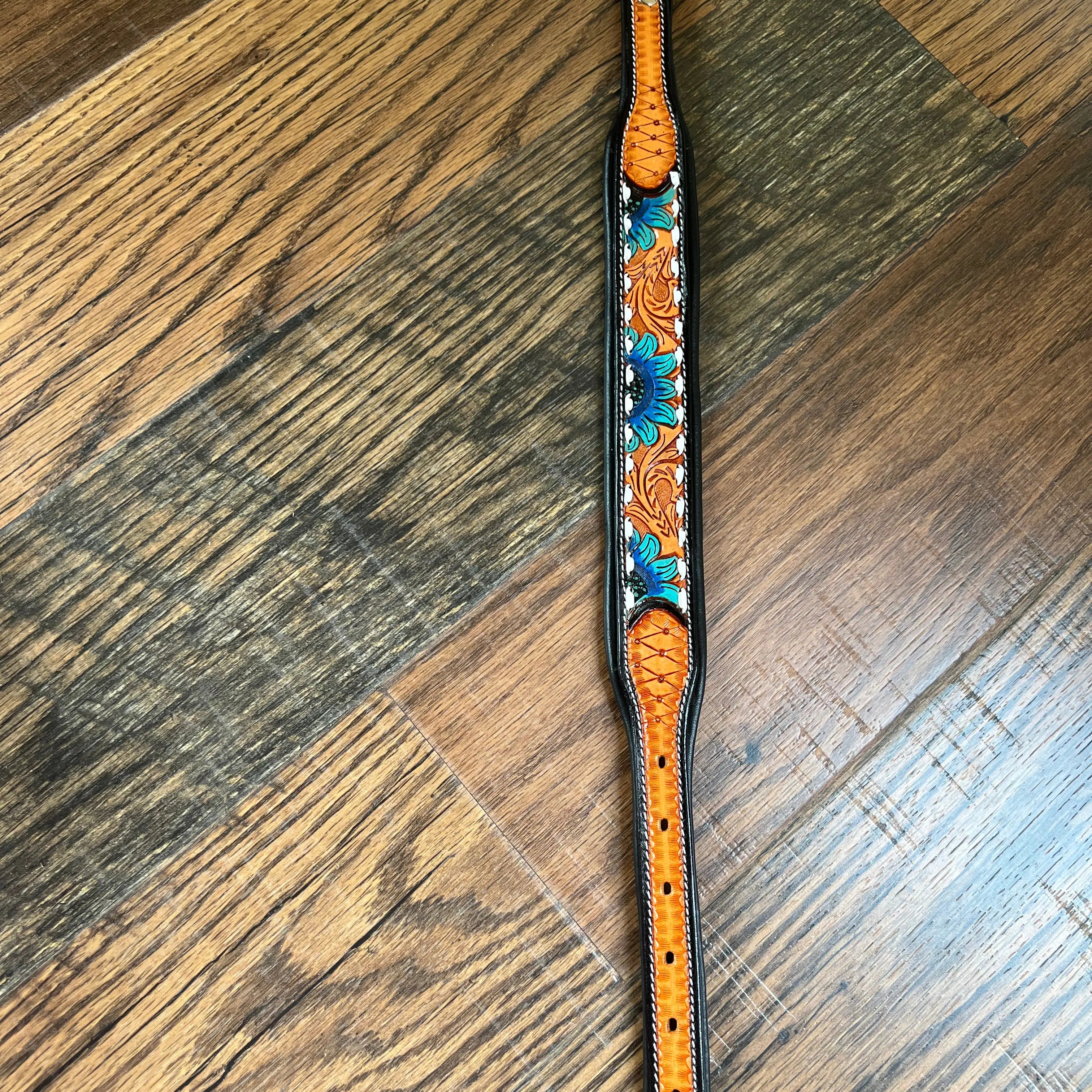 Handcrafted Padded Leather Tooled Dog Collar Blue Sunflower Dog