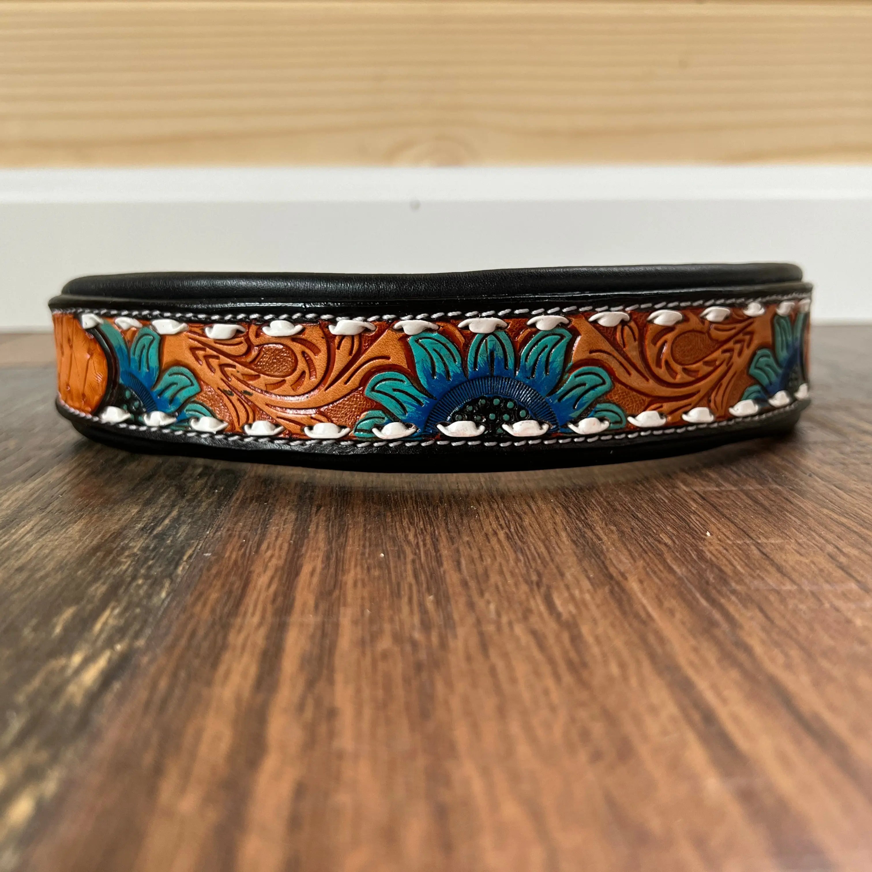 Handcrafted Padded Leather Tooled Dog Collar Blue Sunflower Dog
