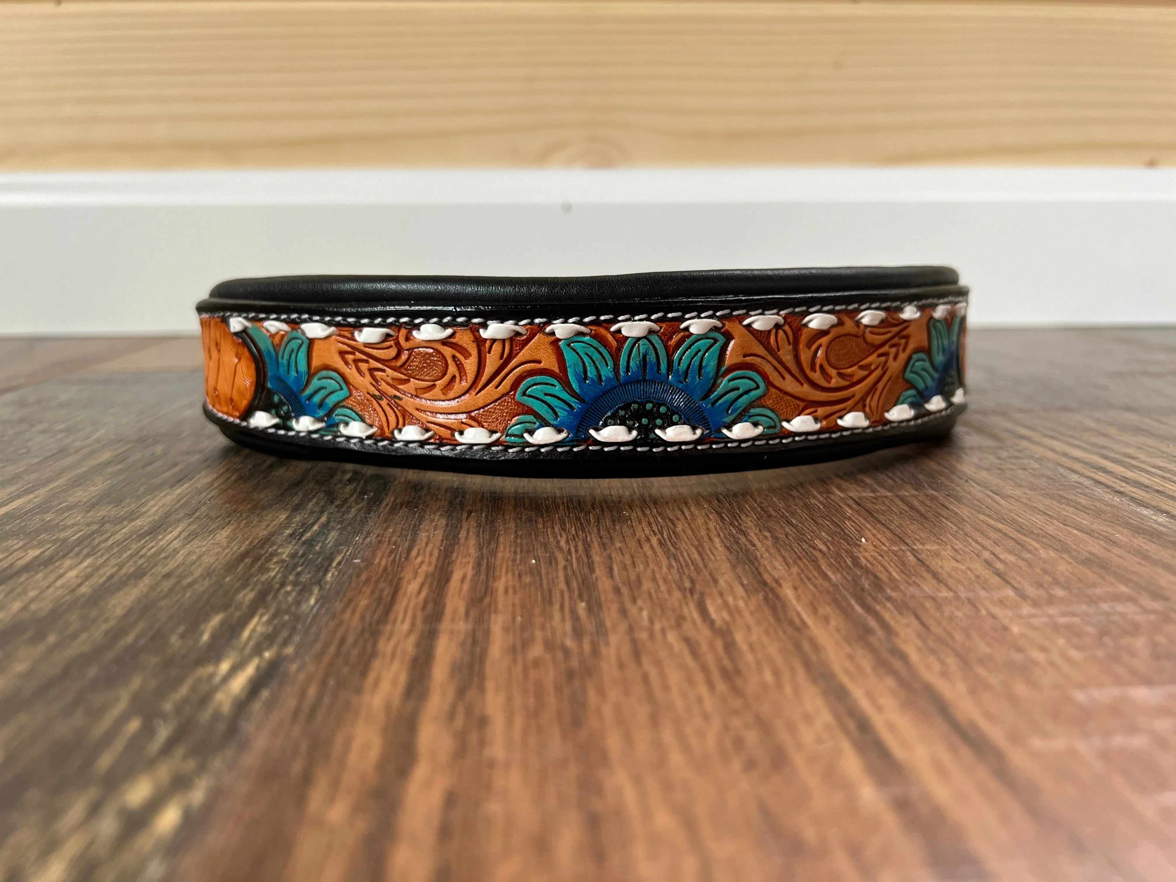 Handcrafted Padded Leather Tooled Dog Collar Blue Sunflower Dog