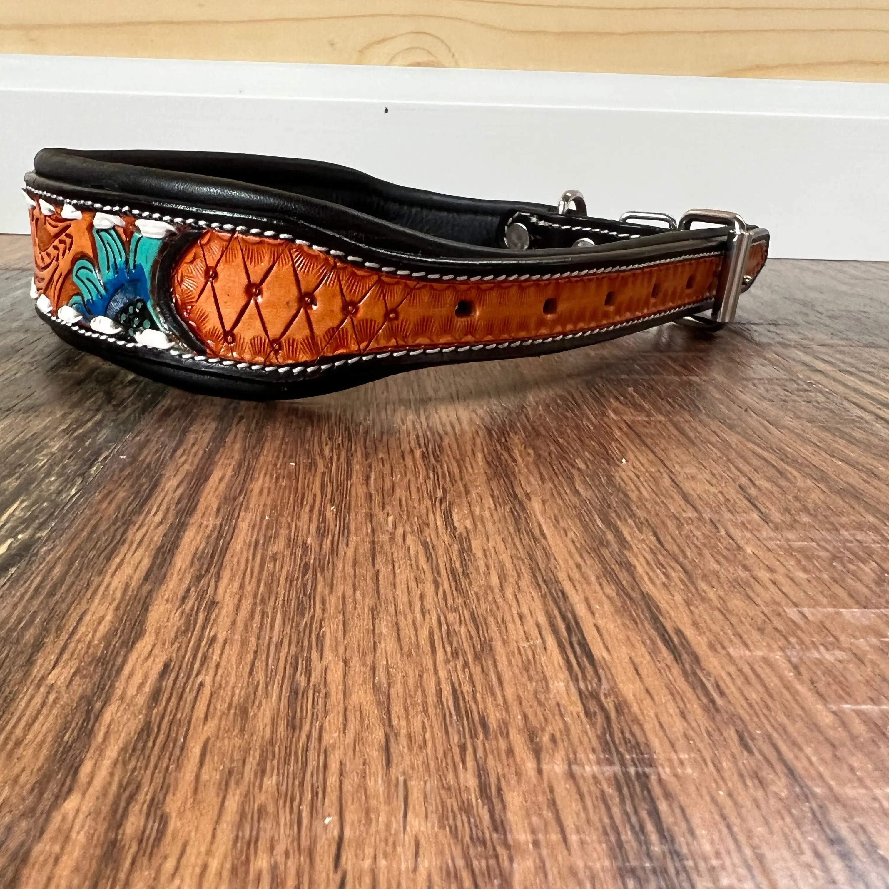 Handcrafted Padded Leather Tooled Dog Collar Blue Sunflower Dog