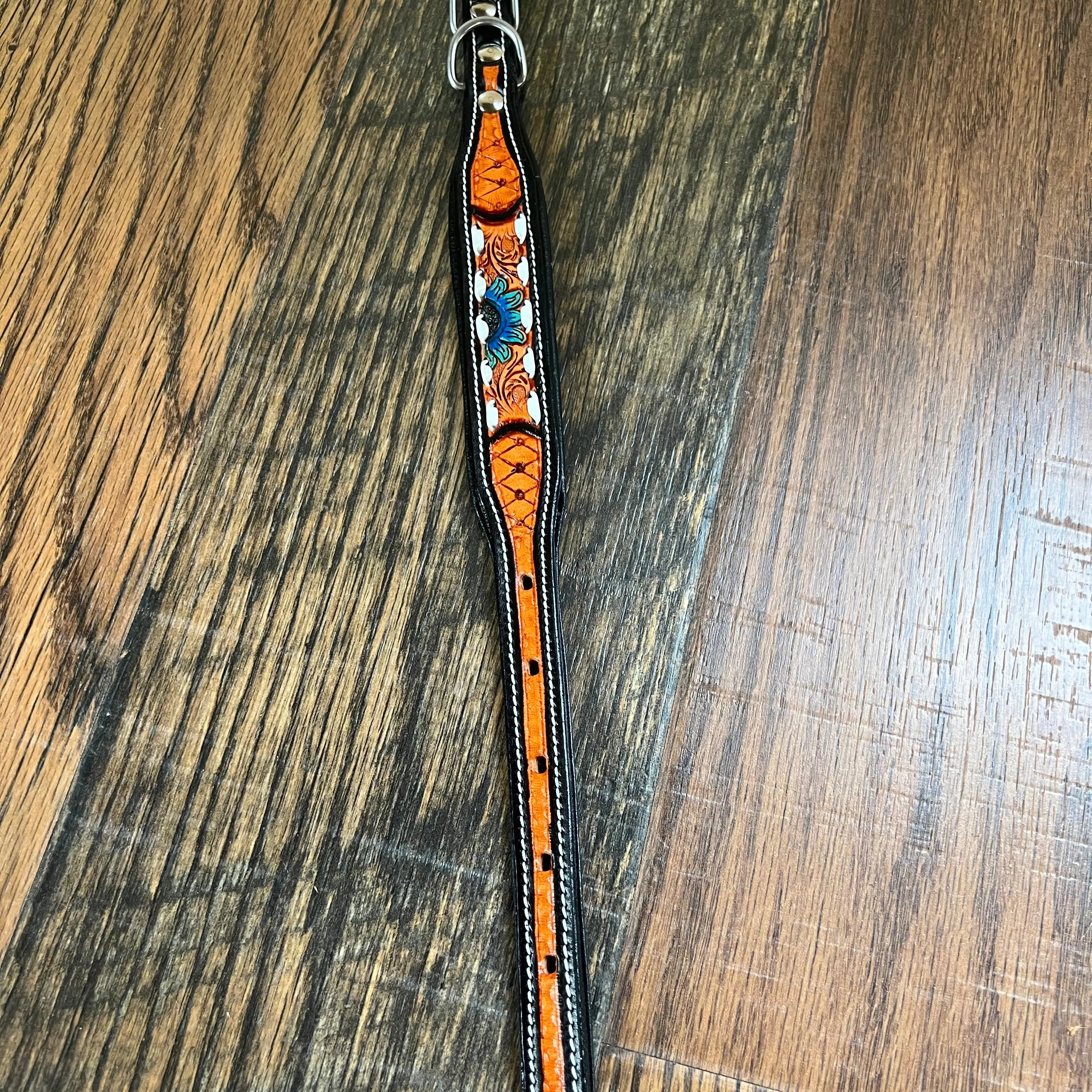 Handcrafted Padded Leather Tooled Dog Collar Blue Sunflower Dog