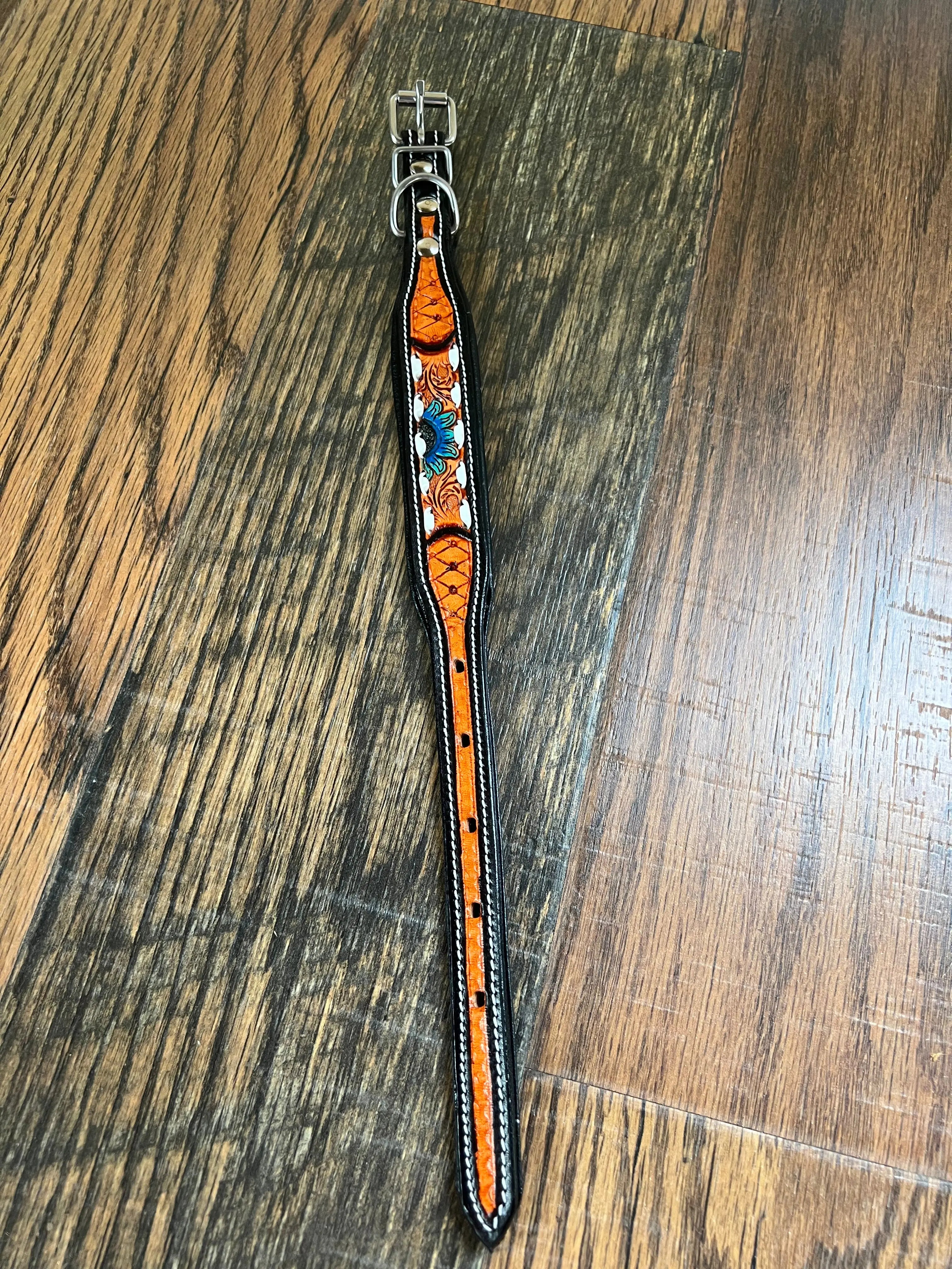Handcrafted Padded Leather Tooled Dog Collar Blue Sunflower Dog