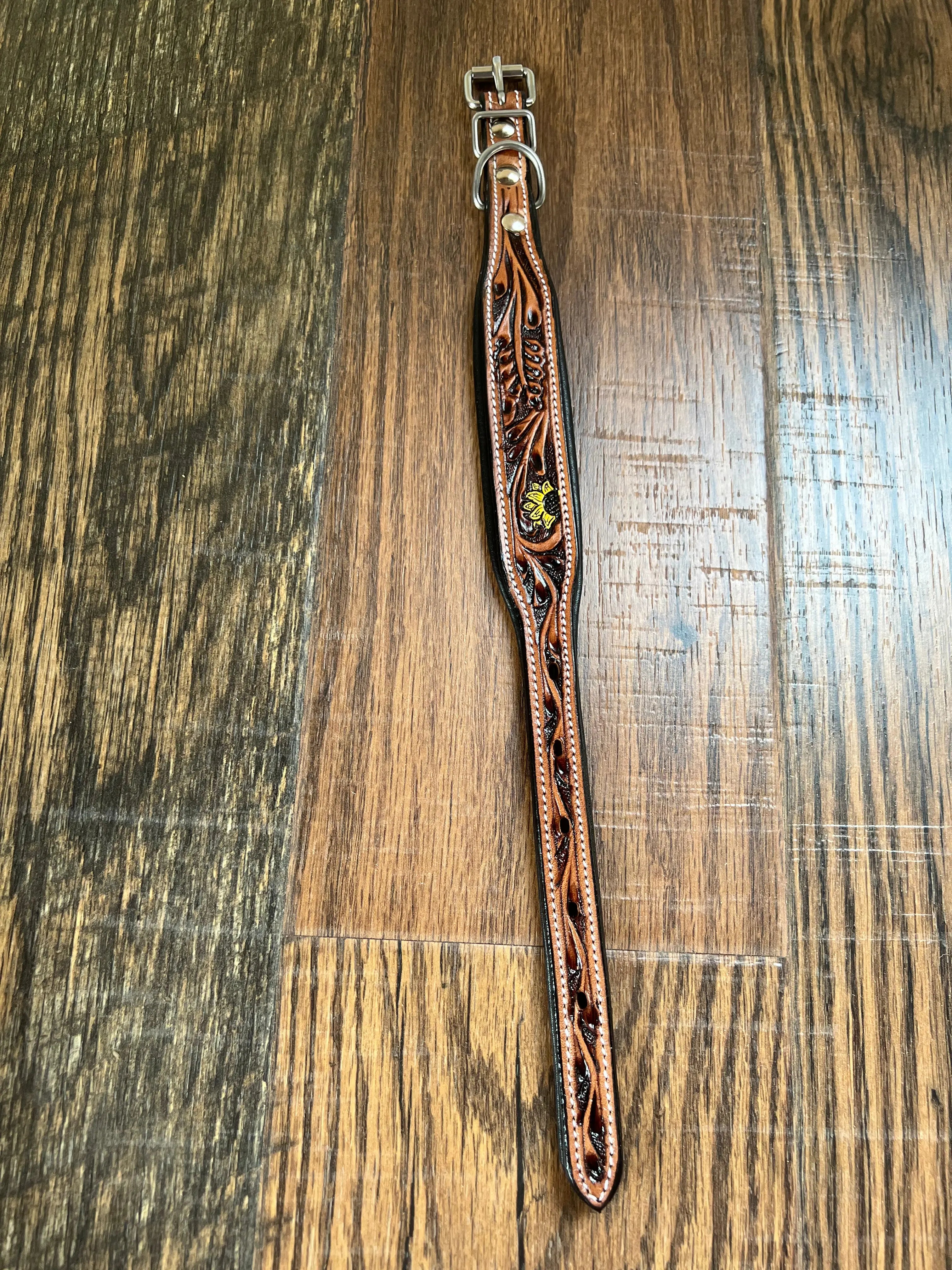 Handcrafted Padded Leather Tooled Dog Collar Sunflower Cactus Dog