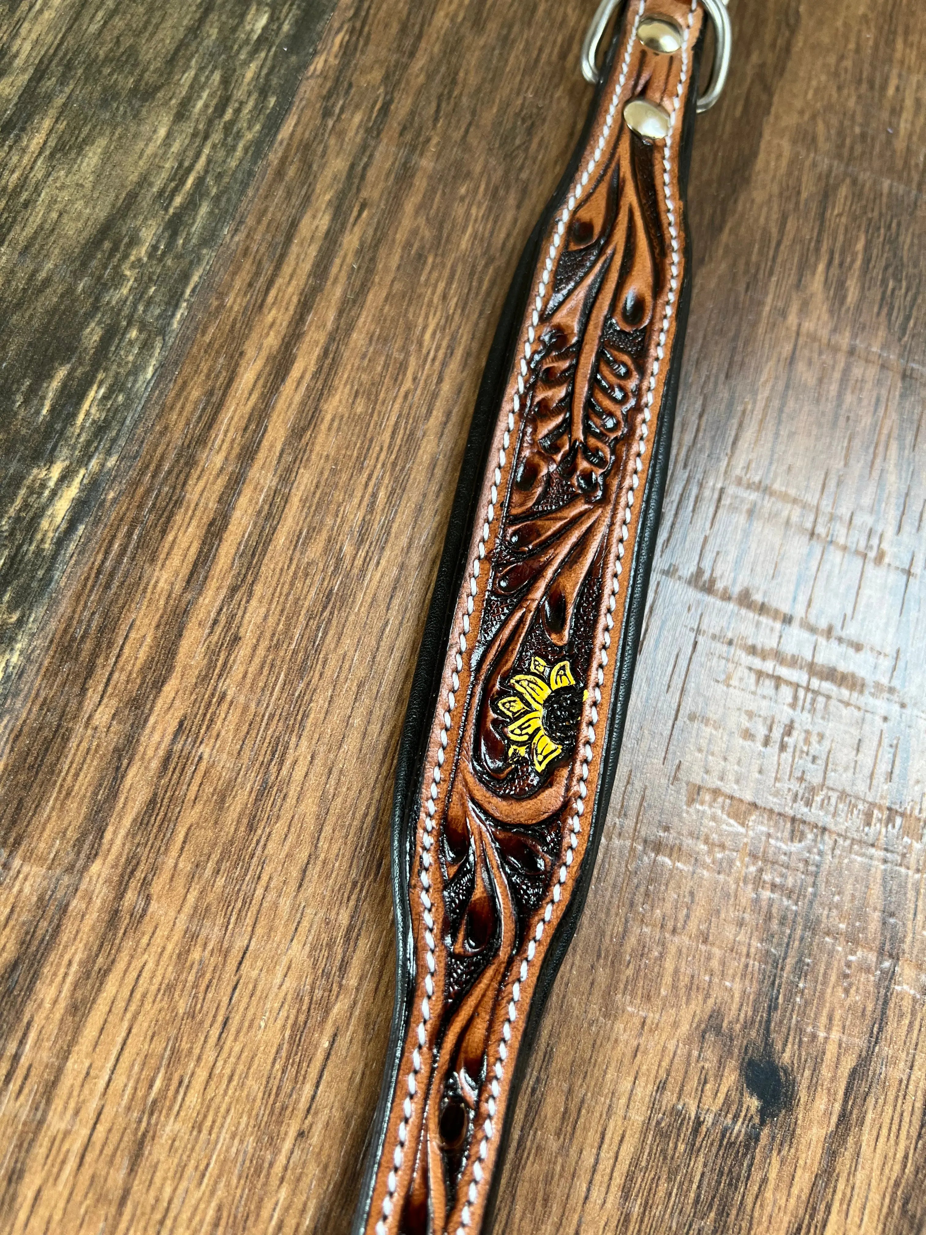 Handcrafted Padded Leather Tooled Dog Collar Sunflower Cactus Dog