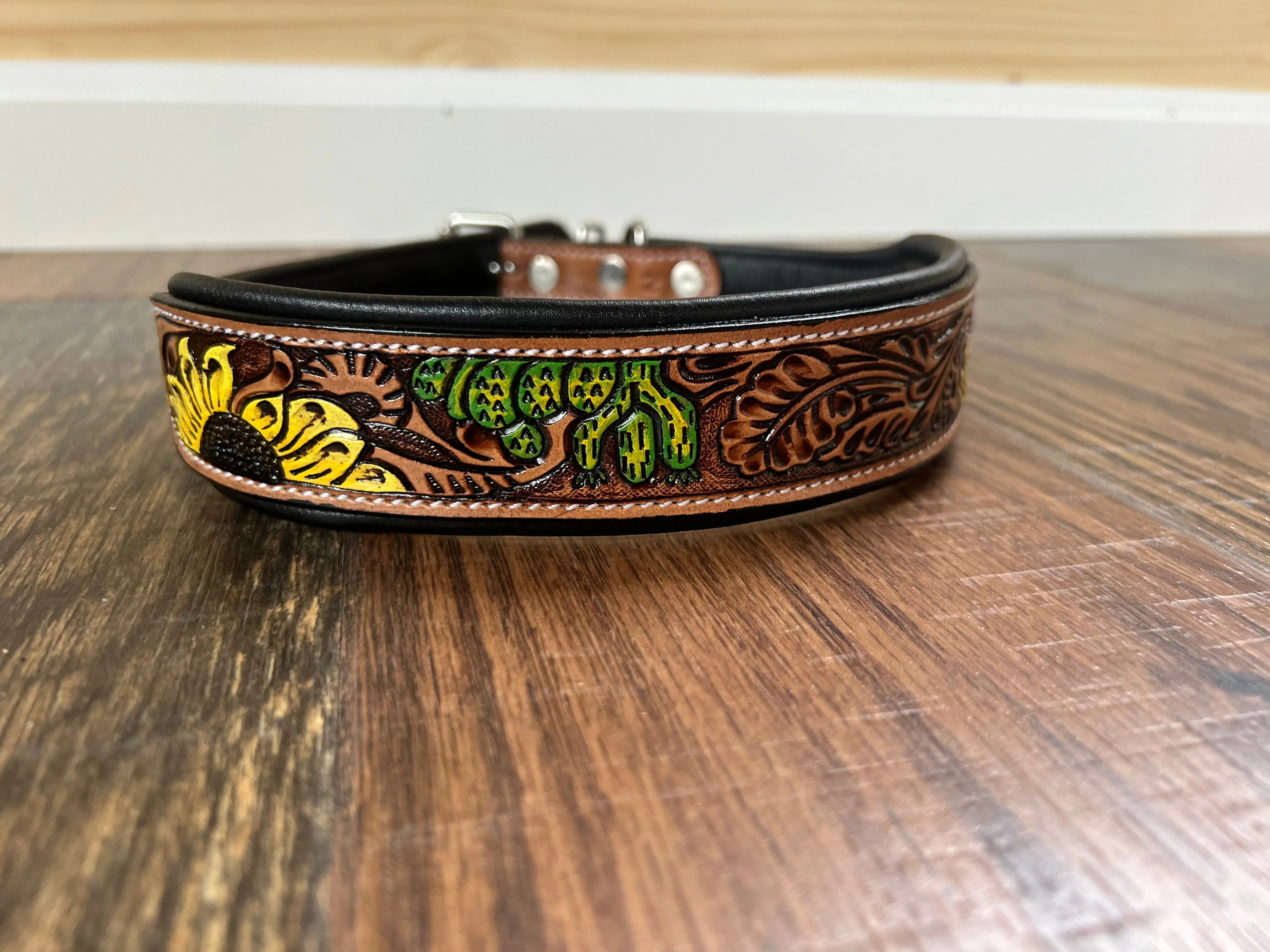 Handcrafted Padded Leather Tooled Dog Collar Sunflower Cactus Dog