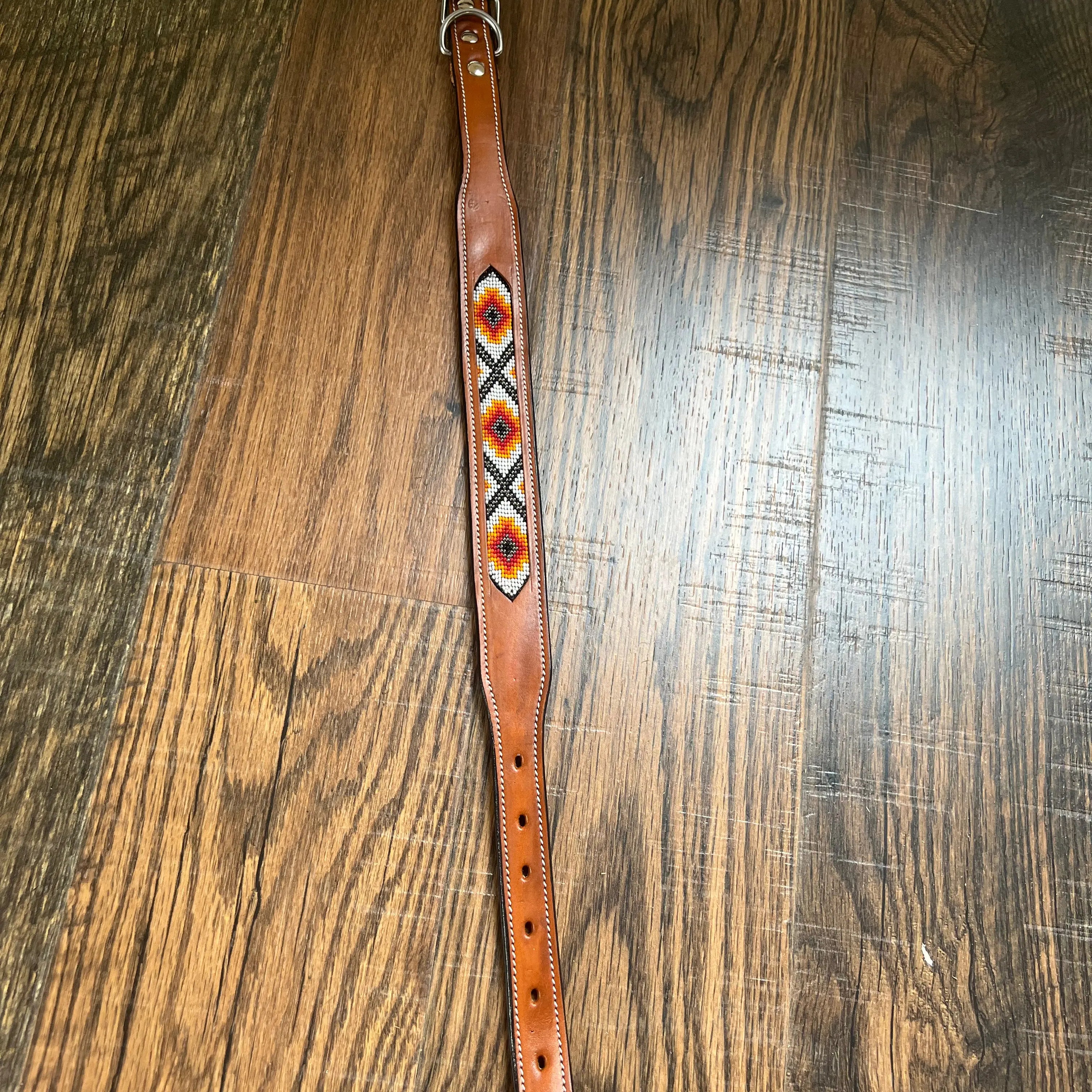 Leather Dog Collar with Orange and red beading Dog