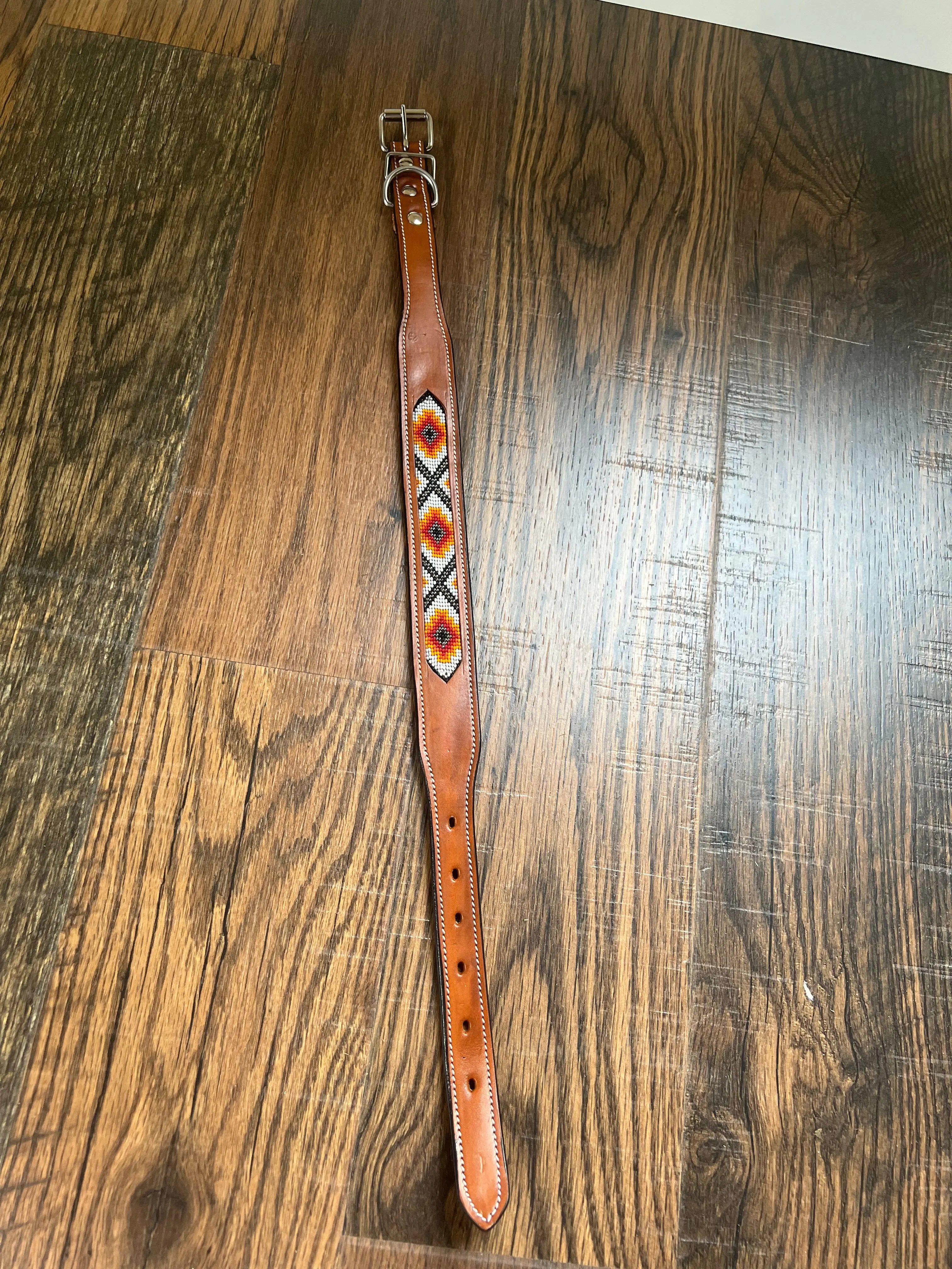 Leather Dog Collar with Orange and red beading Dog