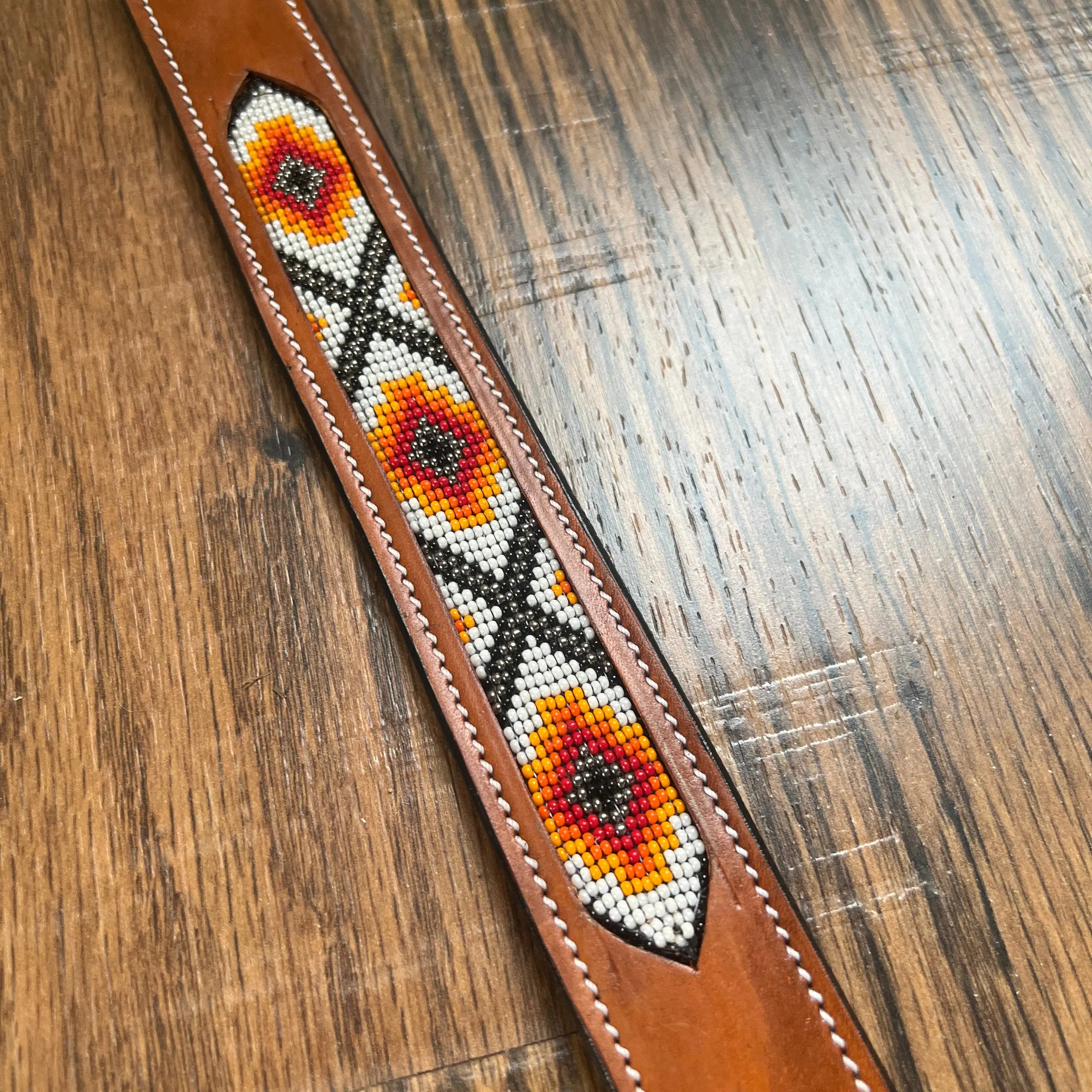 Leather Dog Collar with Orange and red beading Dog