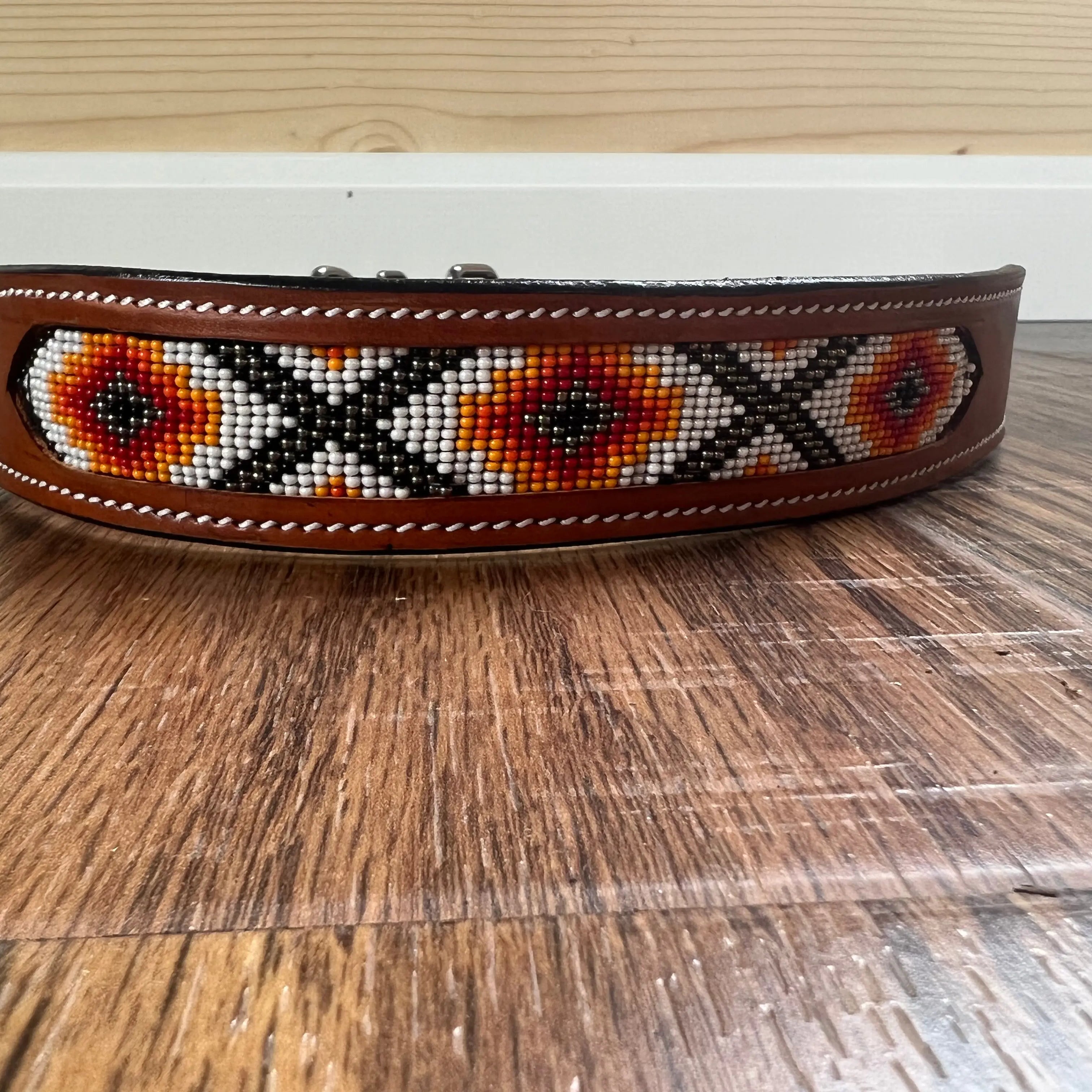 Leather Dog Collar with Orange and red beading Dog