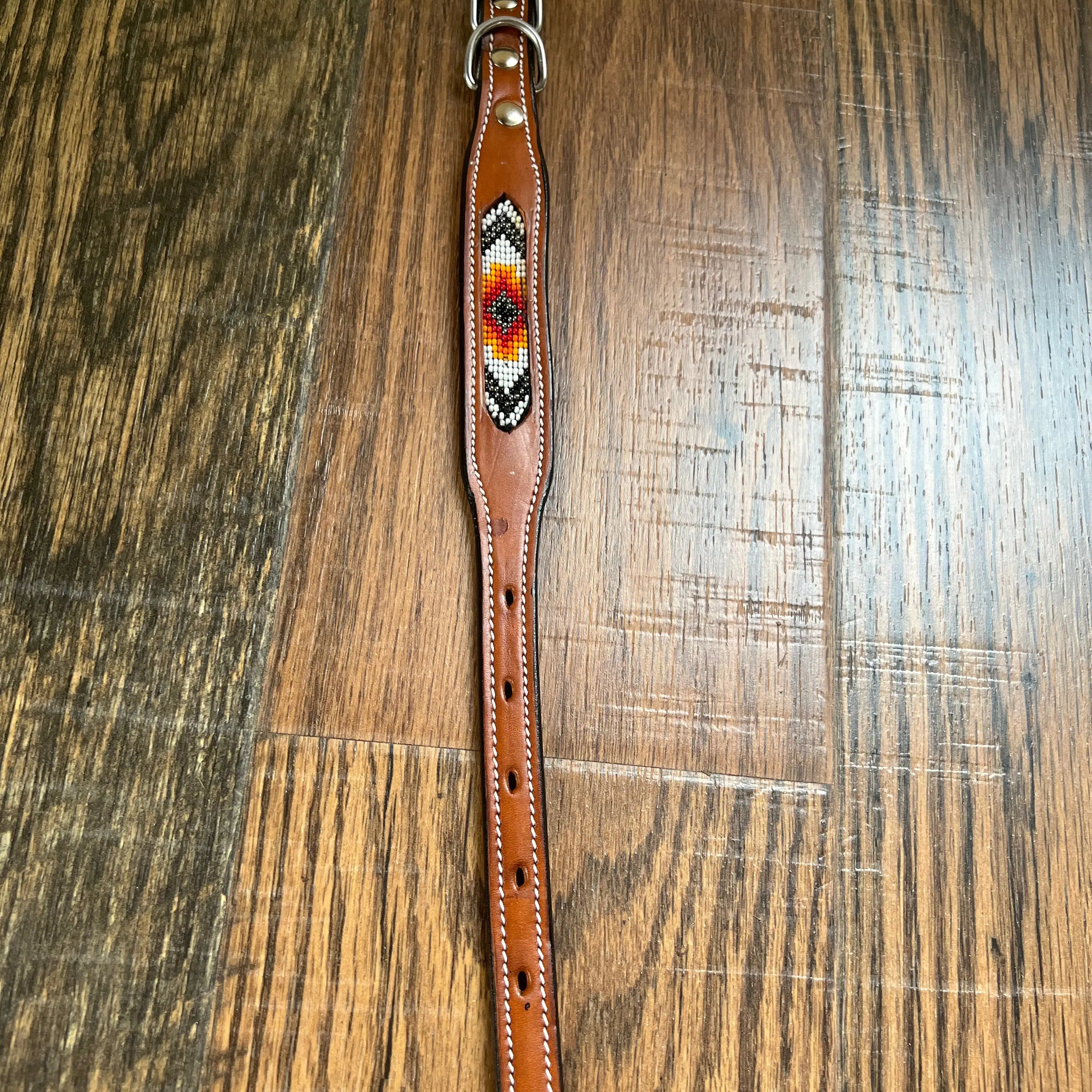 Leather Dog Collar with Orange and red beading Dog