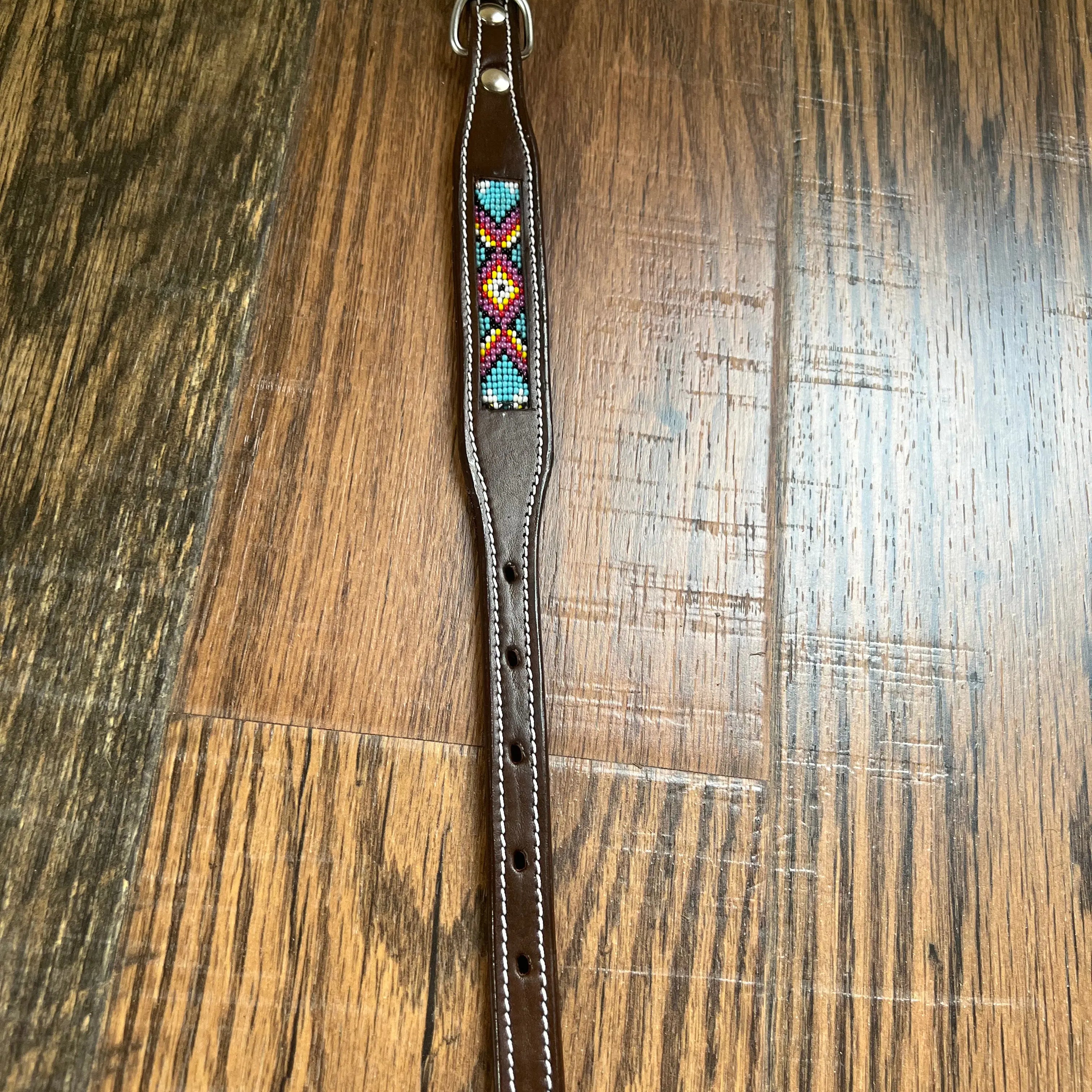 Leather Dog Collar with blue, pink yellow beading Dog