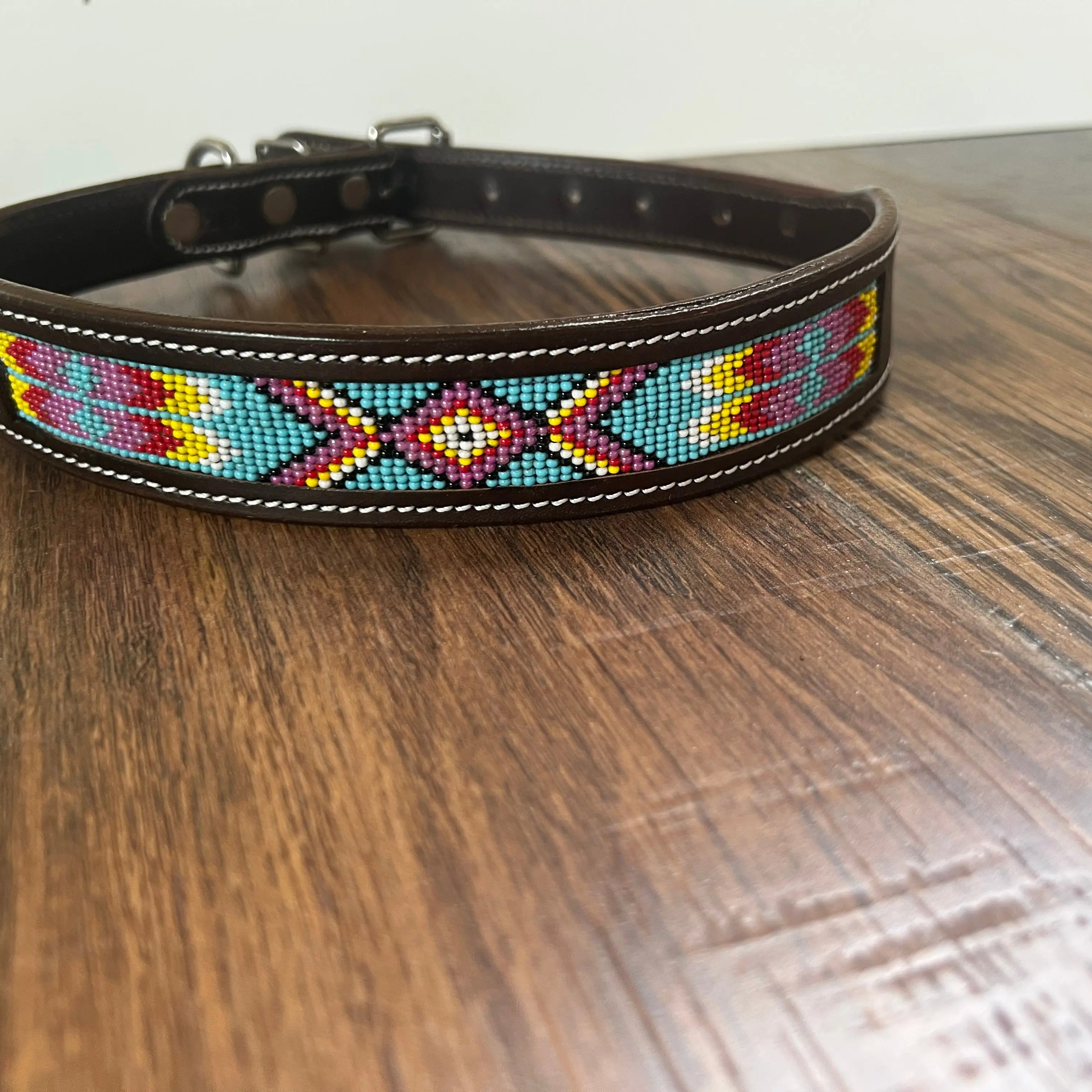Leather Dog Collar with blue, pink yellow beading Dog