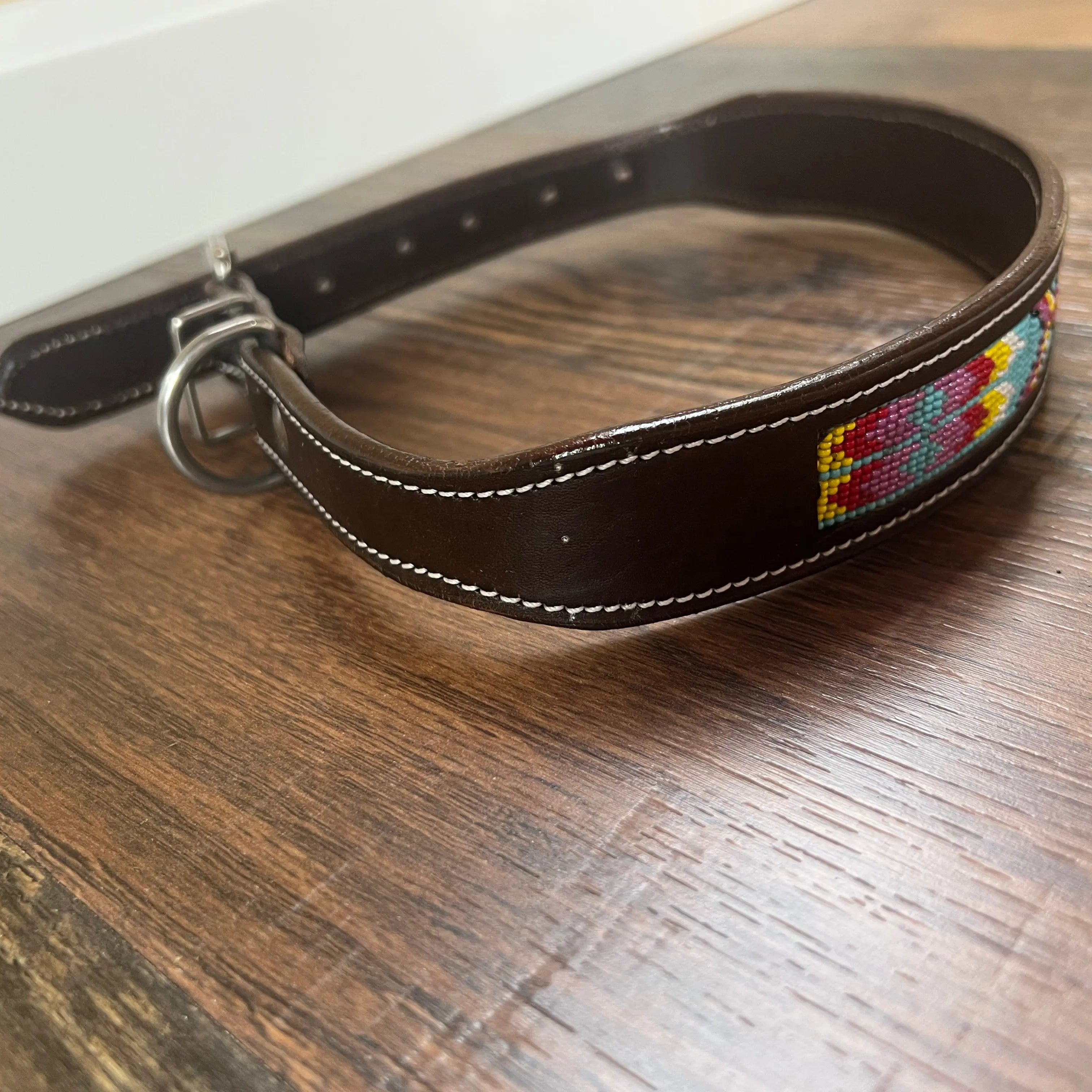 Leather Dog Collar with blue, pink yellow beading Dog