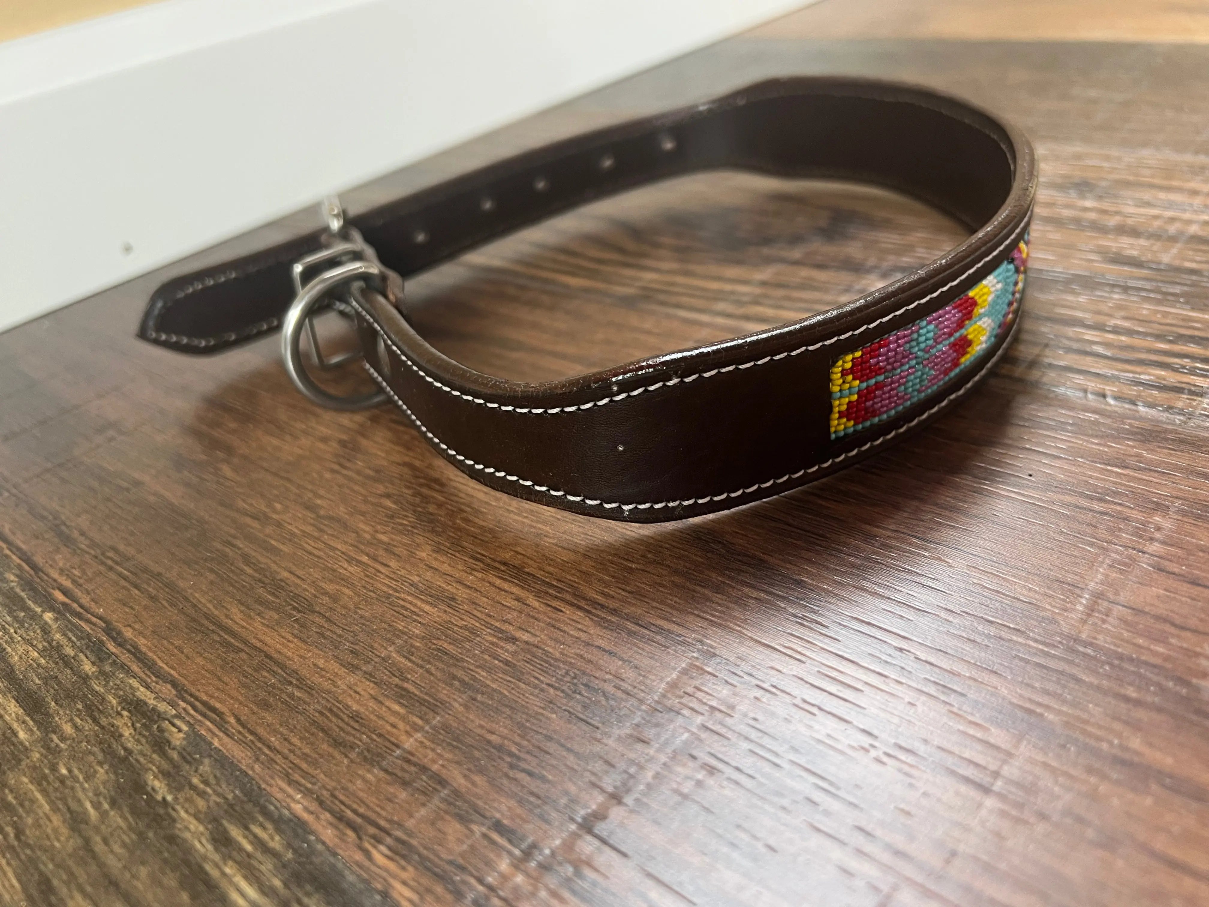 Leather Dog Collar with blue, pink yellow beading Dog