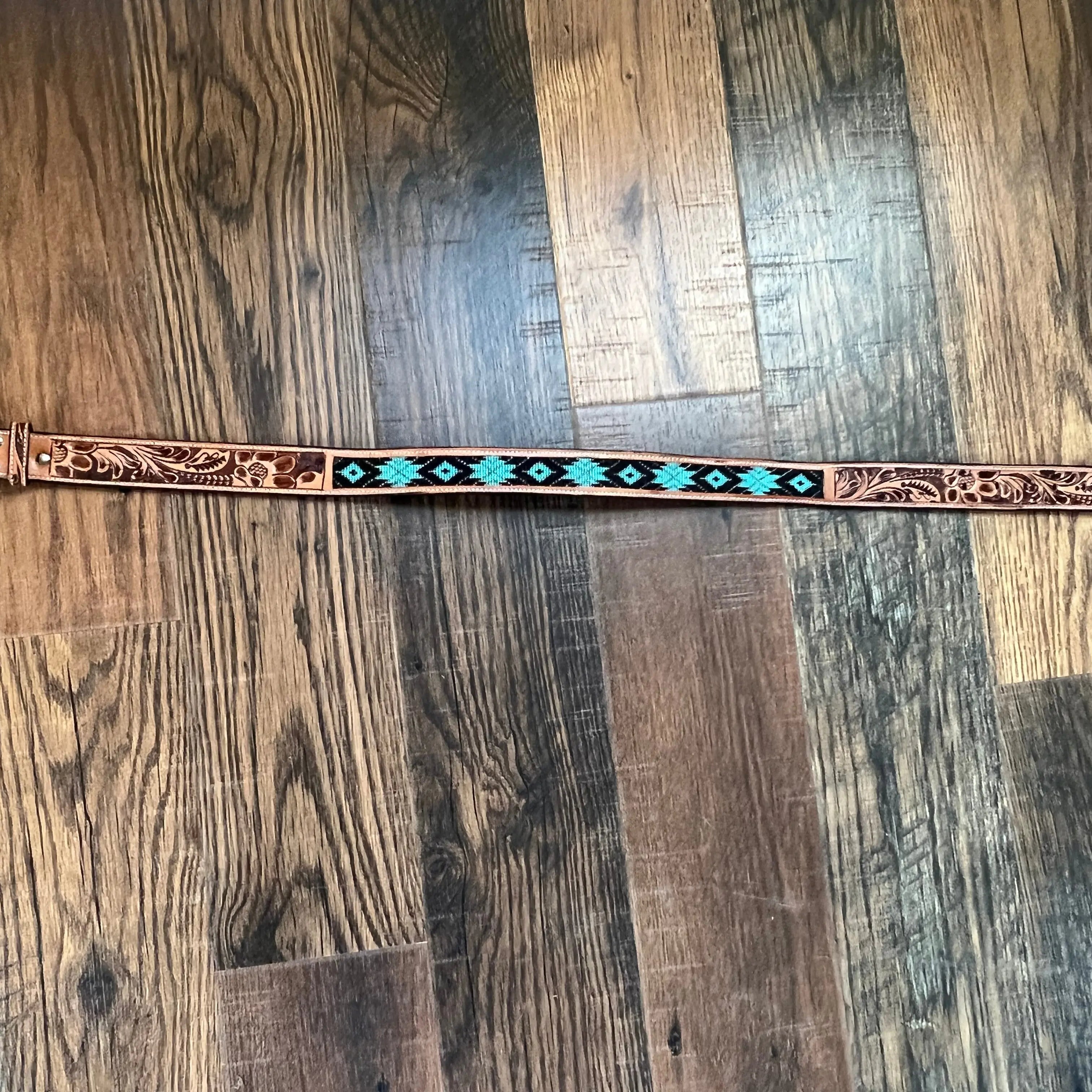 Handmade Leather Belt Tooled with Teal,Black & White Beading Belts