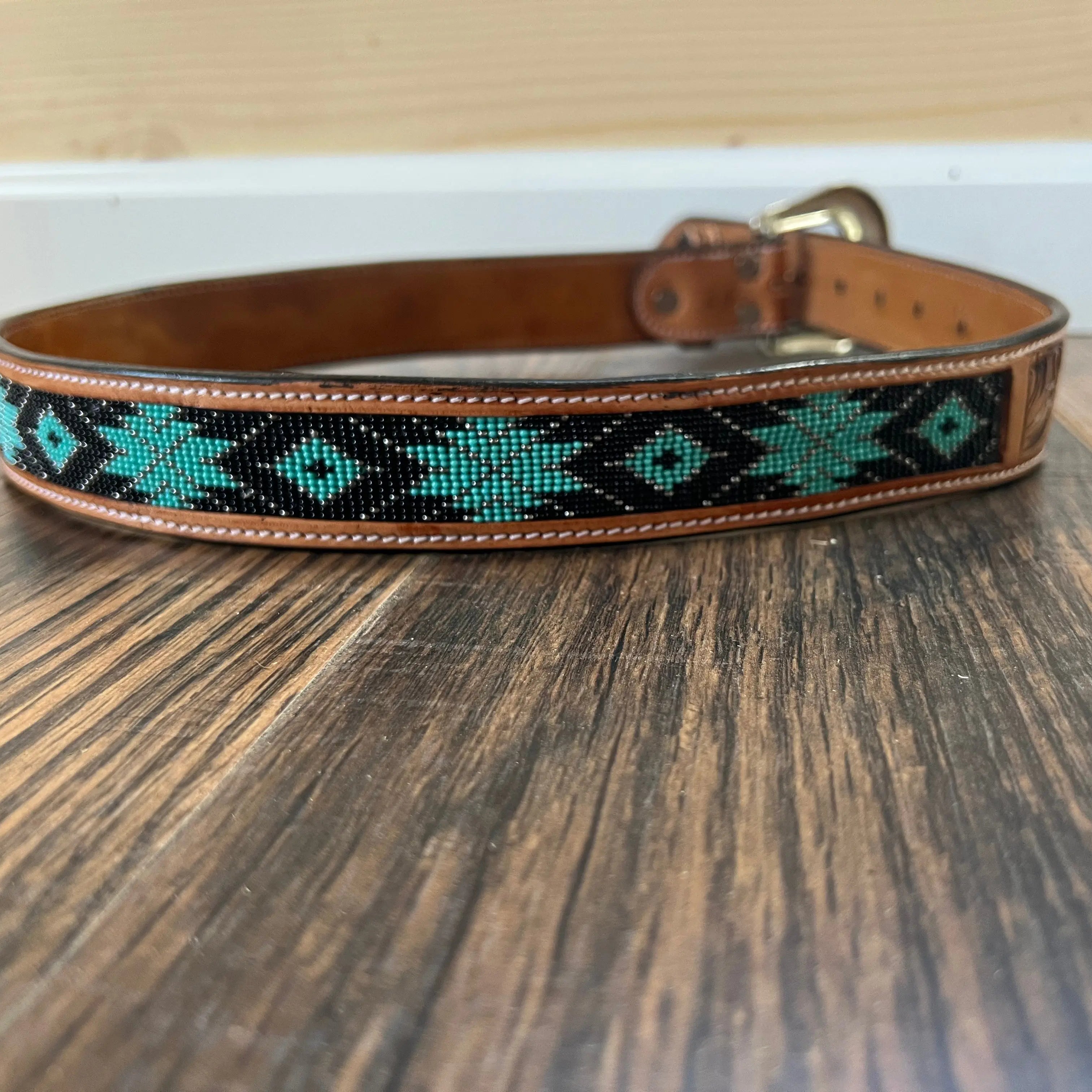 Handmade Leather Belt Tooled with Teal,Black & White Beading Belts