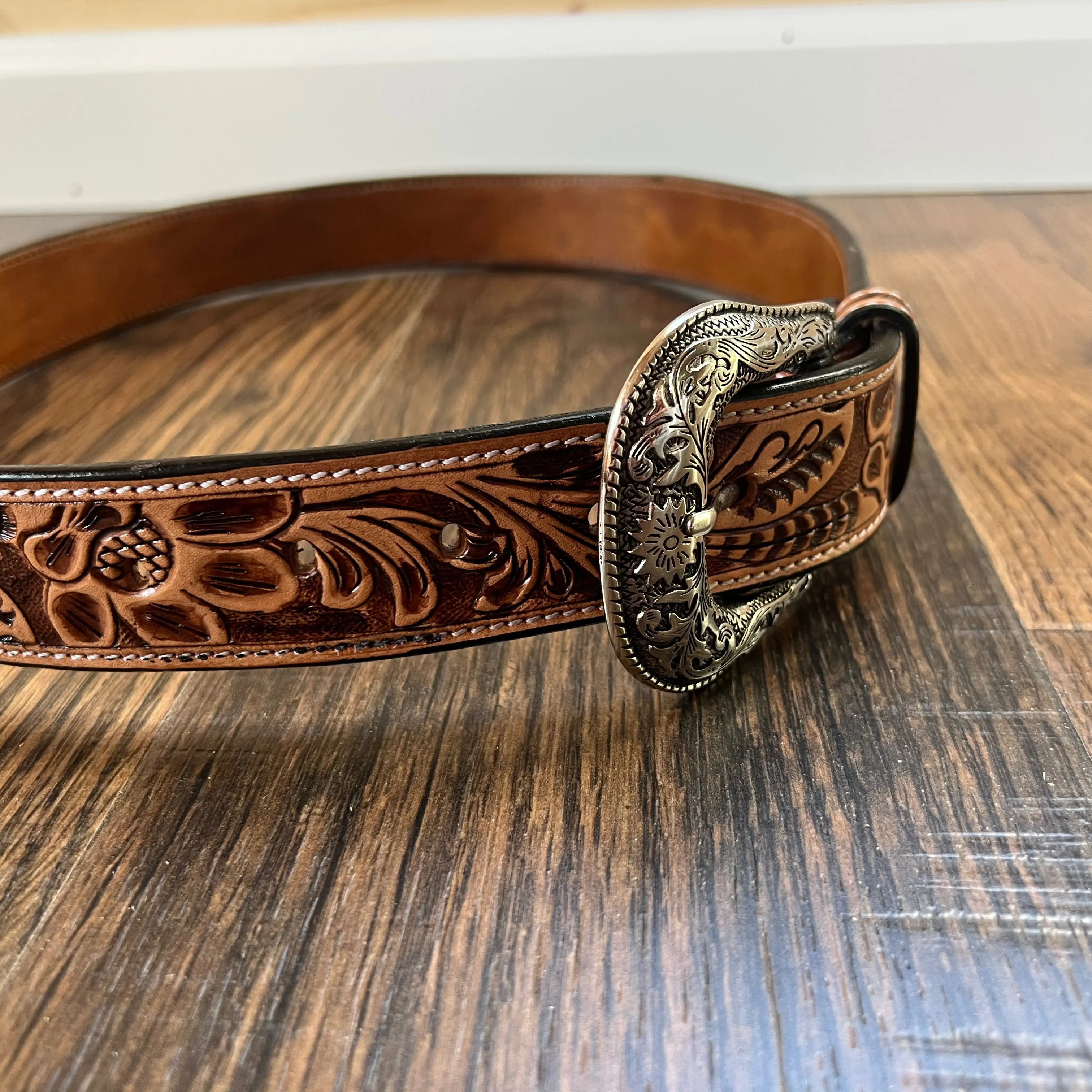 Handmade Leather Belt Tooled with Teal,Black & White Beading Belts
