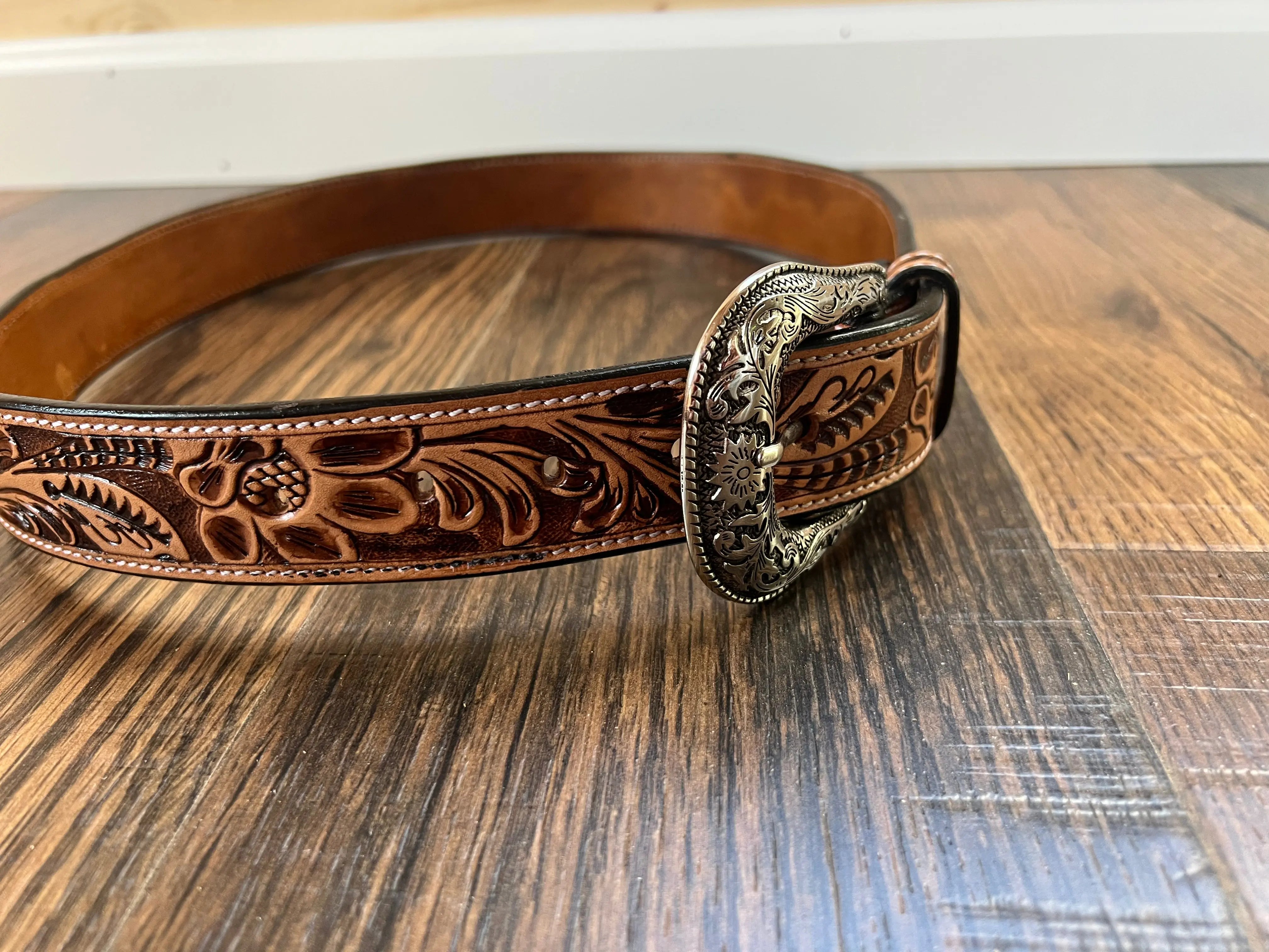 Handmade Leather Belt Tooled with Teal,Black & White Beading Belts