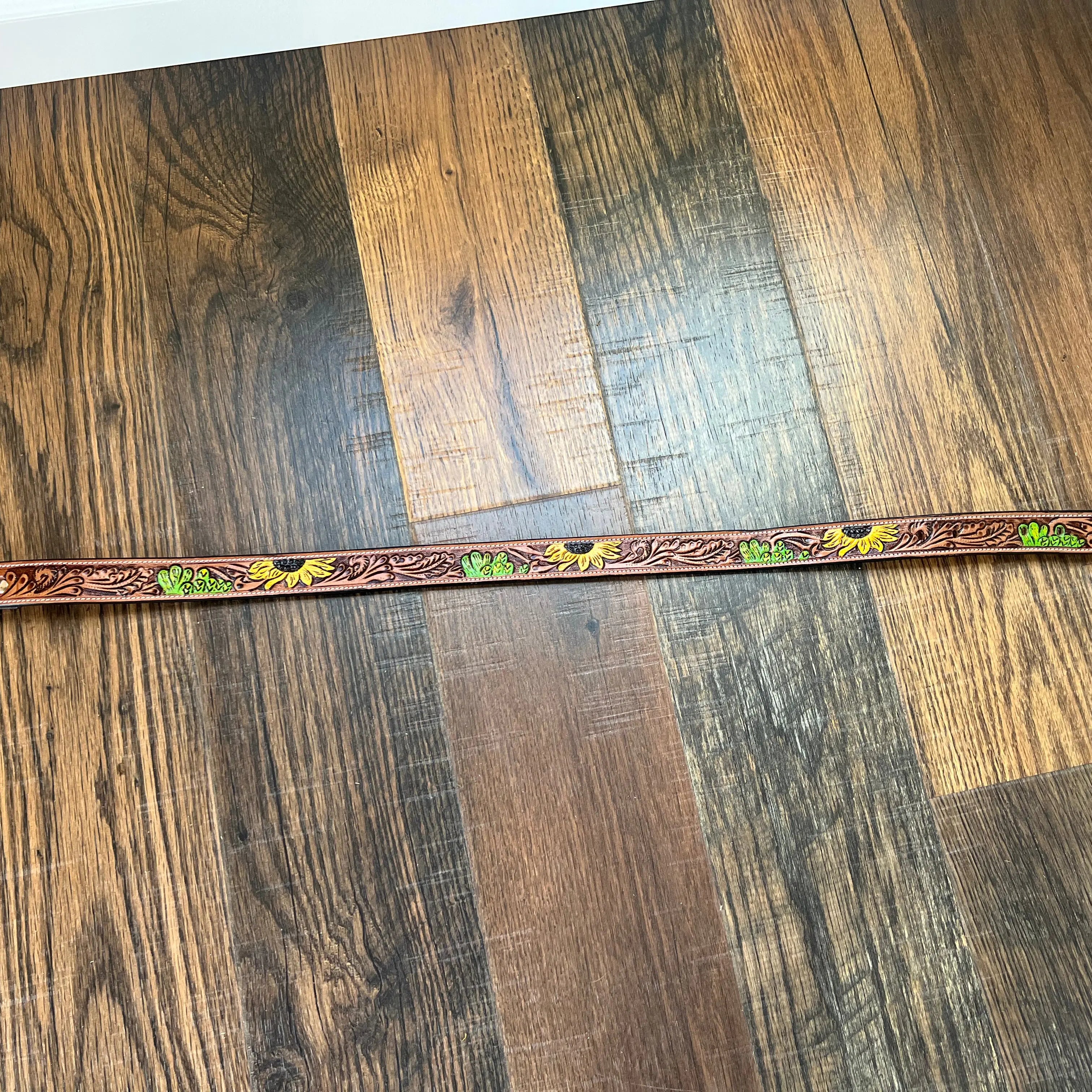 Handmade Leather Tooled Sunflower Cactus Handpainted Belt Belts