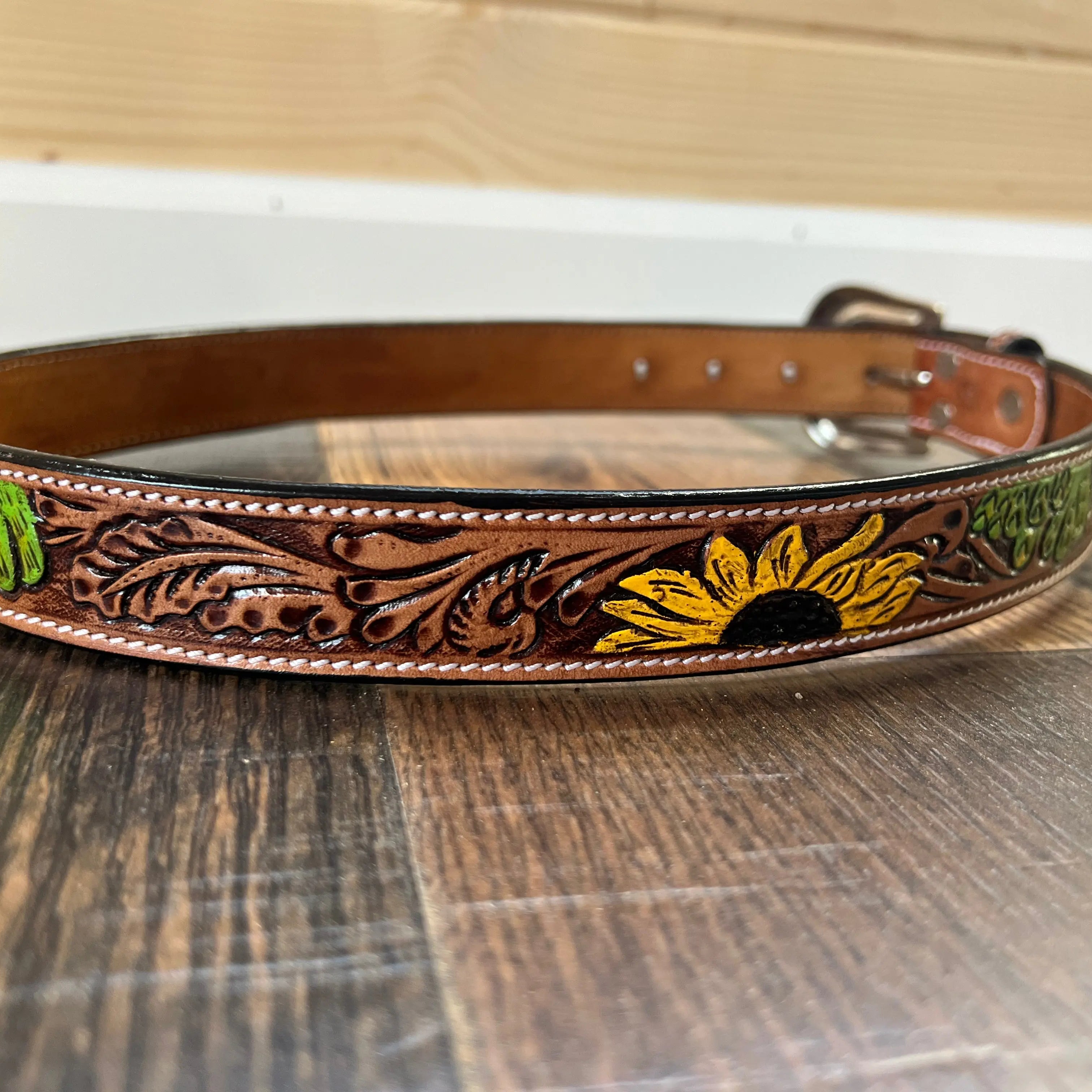 Handmade Leather Tooled Sunflower Cactus Handpainted Belt Belts