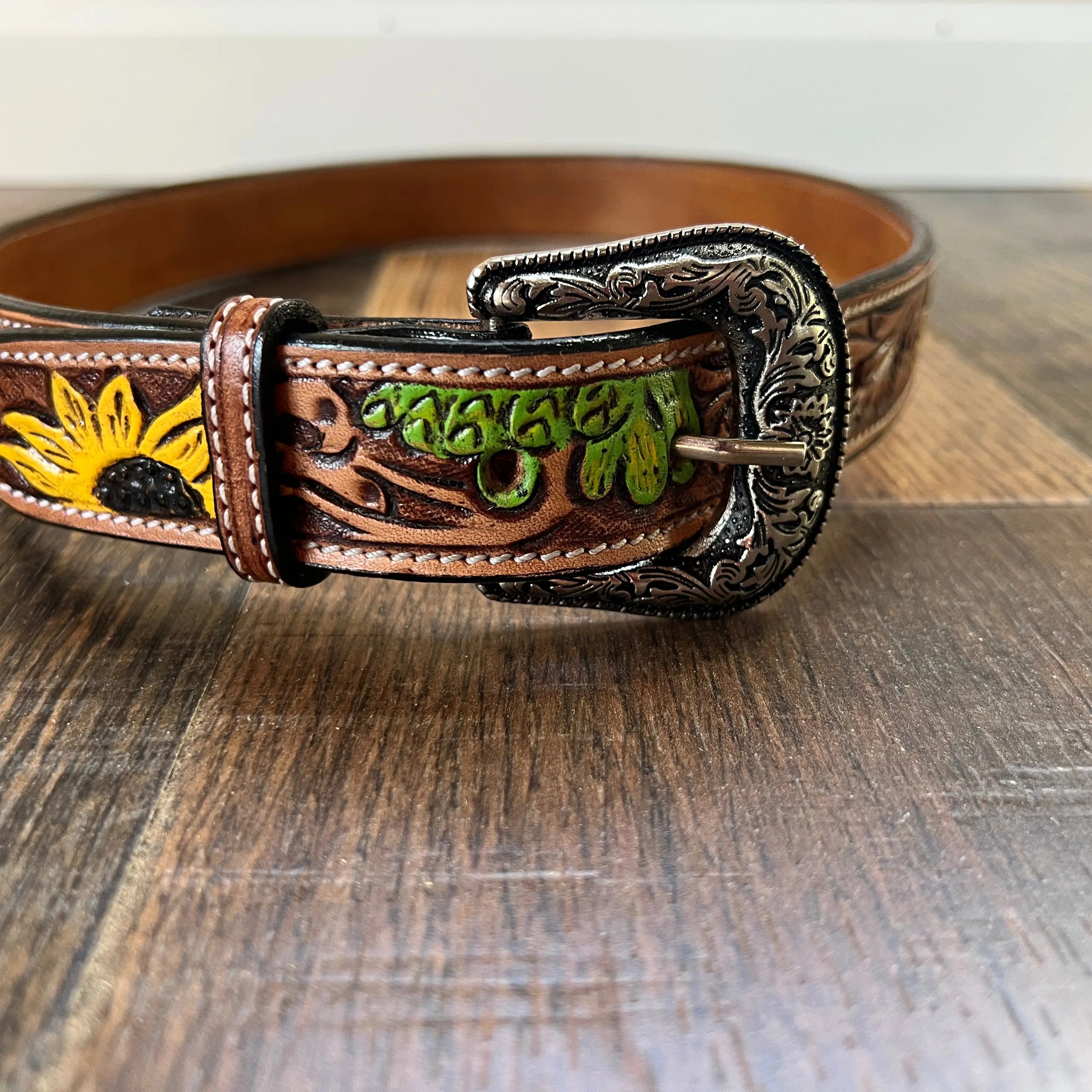 Handmade Leather Tooled Sunflower Cactus Handpainted Belt Belts