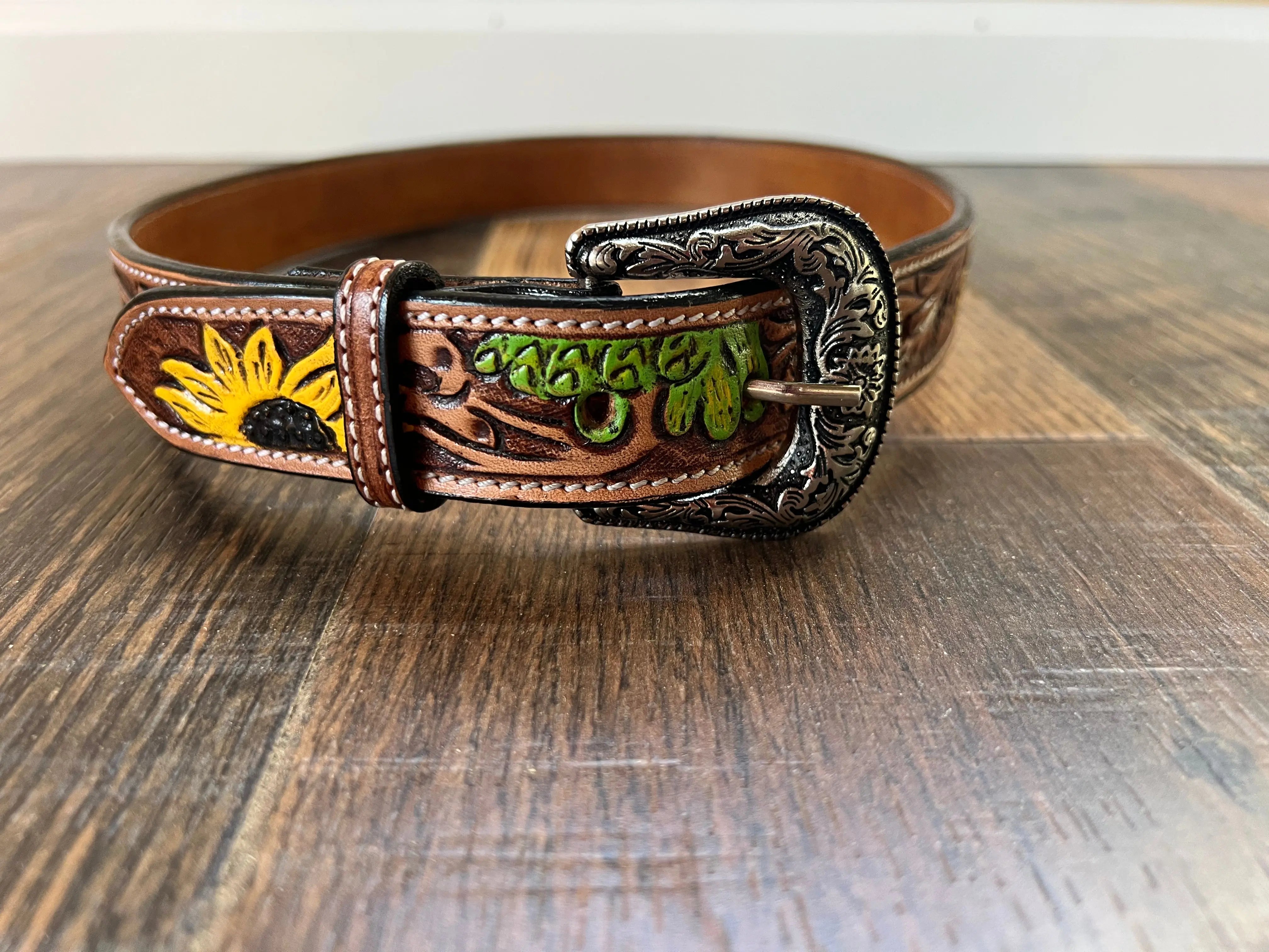Handmade Leather Tooled Sunflower Cactus Handpainted Belt Belts