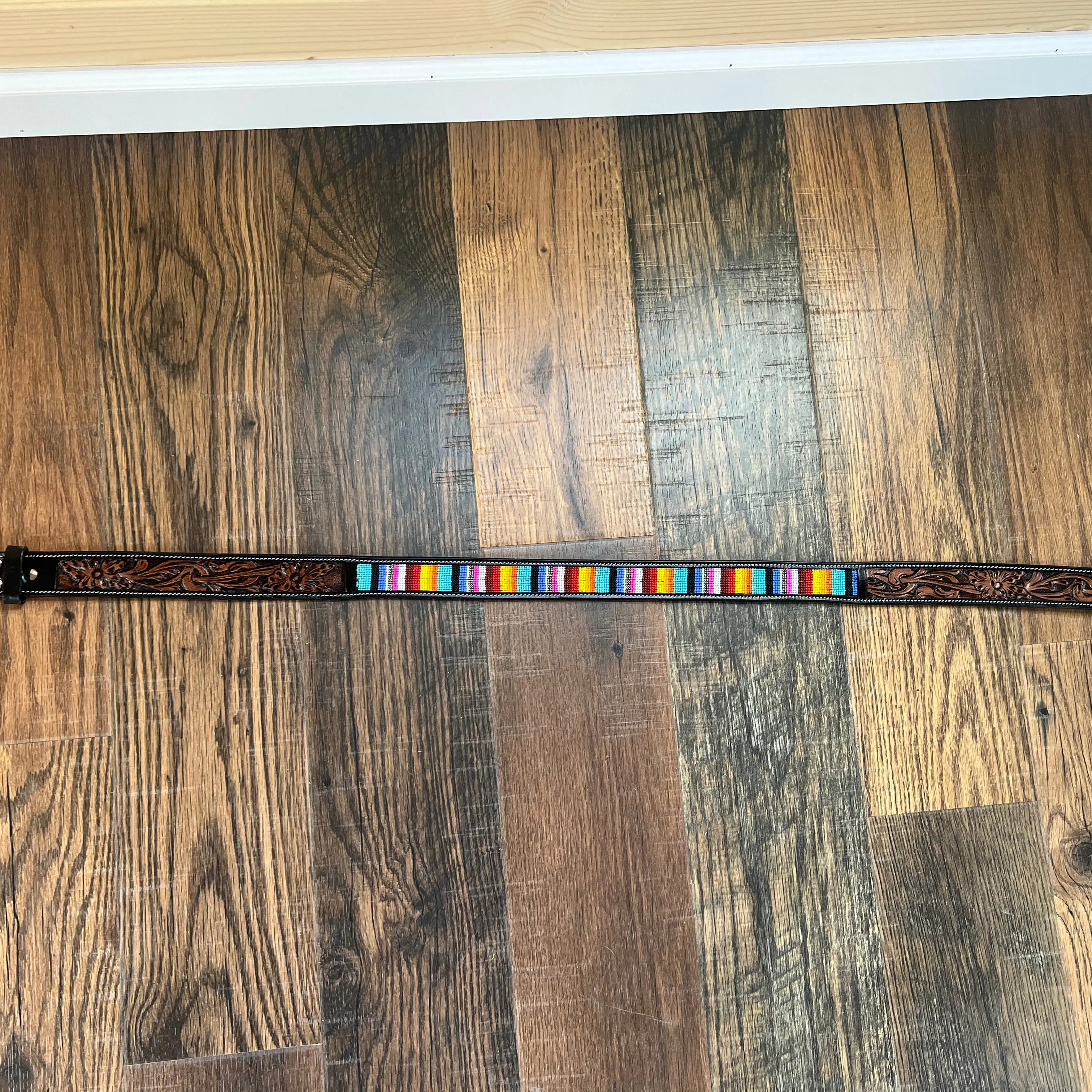 Handmade Leather Rainbow Beaded Tooled Belt Belts