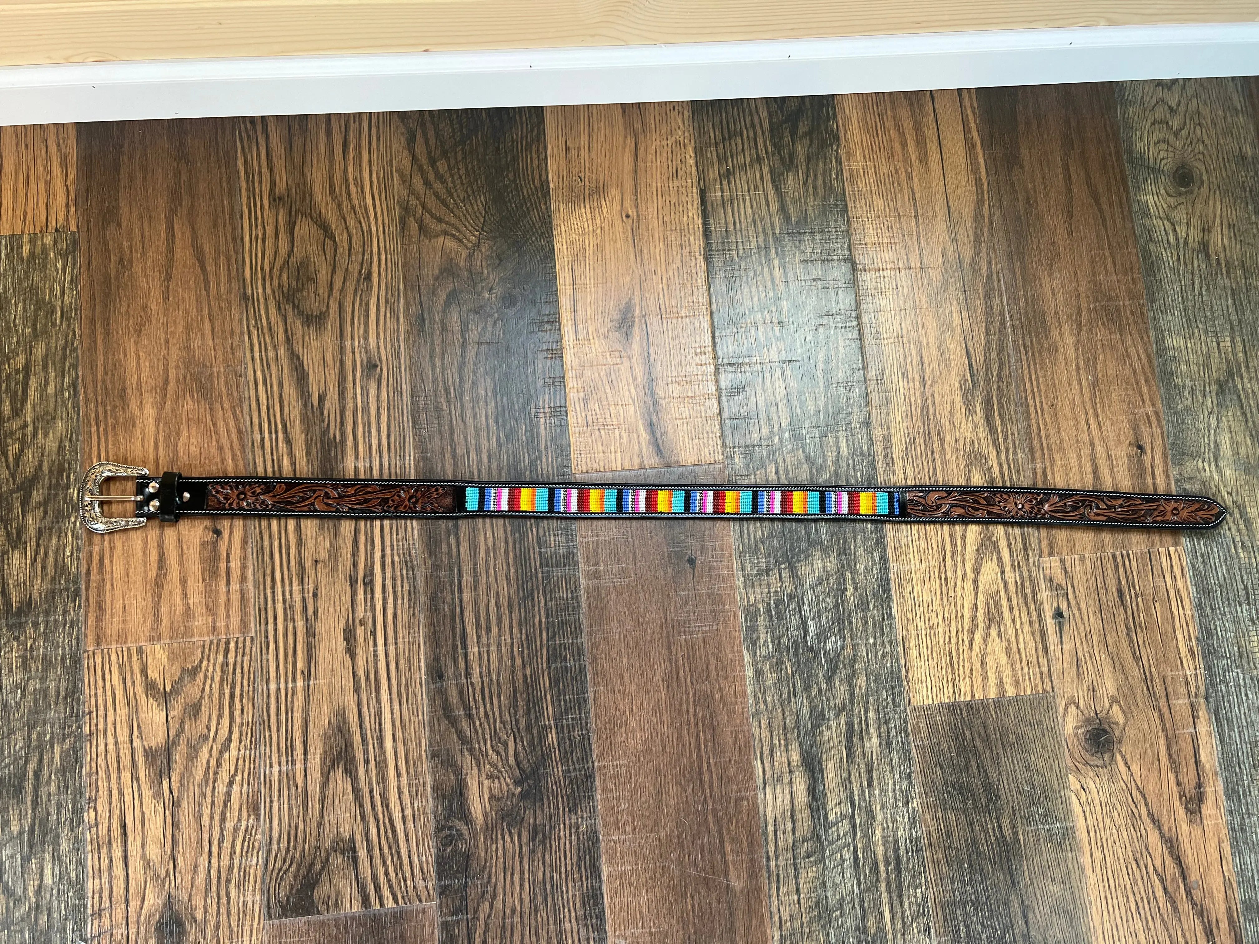 Handmade Leather Rainbow Beaded Tooled Belt Belts
