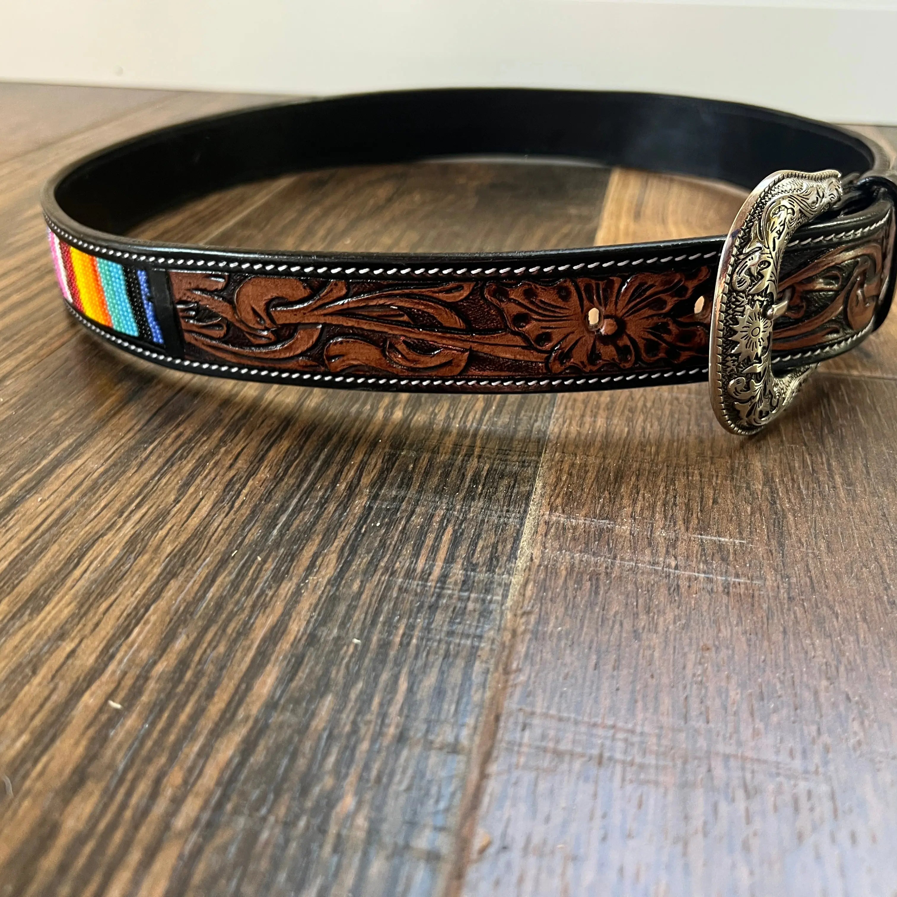 Handmade Leather Rainbow Beaded Tooled Belt Belts