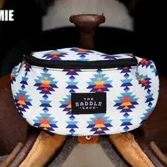 The Saddle Sack fanny pack with colorful geometric pattern