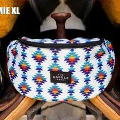 Saddle Sack XL white Laramie bag with blue orange red geometric pattern