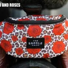 The Saddle Sack red beige leopard print fanny pack with rose patterns