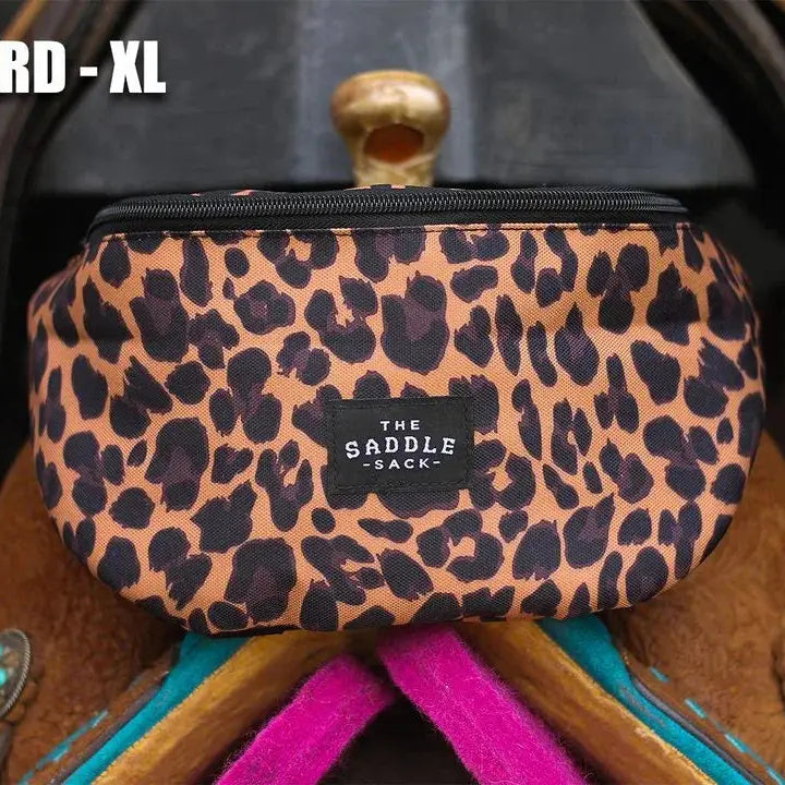 Saddle Sack XL tan black leopard-print saddlebag with zipper label