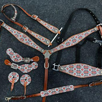 Southwest Navaho Print One Ear Headstall and Breast Collar 6- piece set Horse Tack