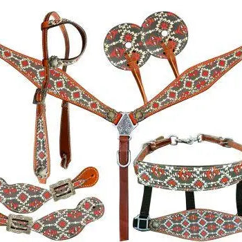 Southwest Navaho Print One Ear Headstall and Breast Collar 6- piece set Horse Tack