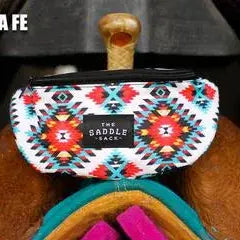 Vibrant geometric saddle bag The Saddle Sack with black zipper label