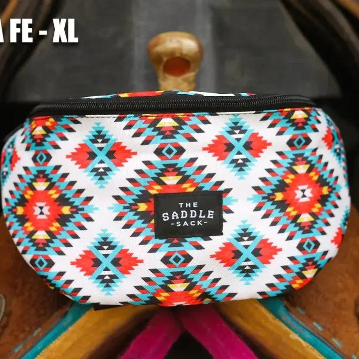 Vibrant Saddle Sack XL santa fe saddlebag with bold red turquoise black geometric patterns
