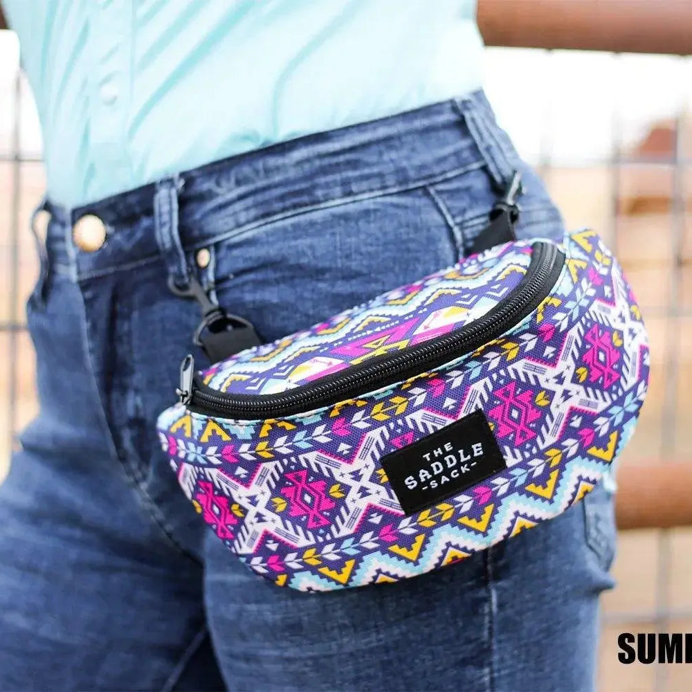 Saddle Sack fanny pack with vibrant pink purple yellow blue Aztec pattern