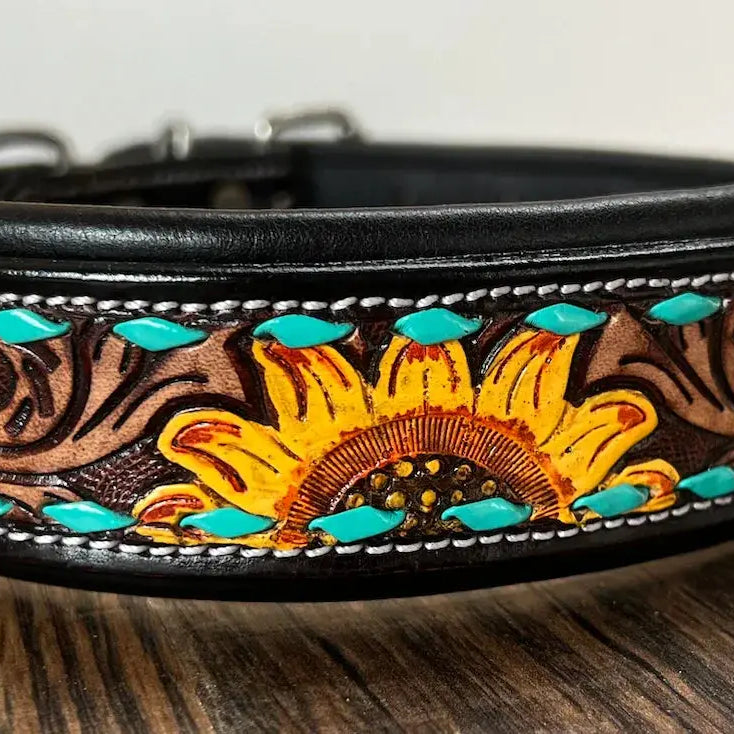 Handcrafted Padded Leather Tooled Dog Collar Sunflower with Teal Stitching Dog