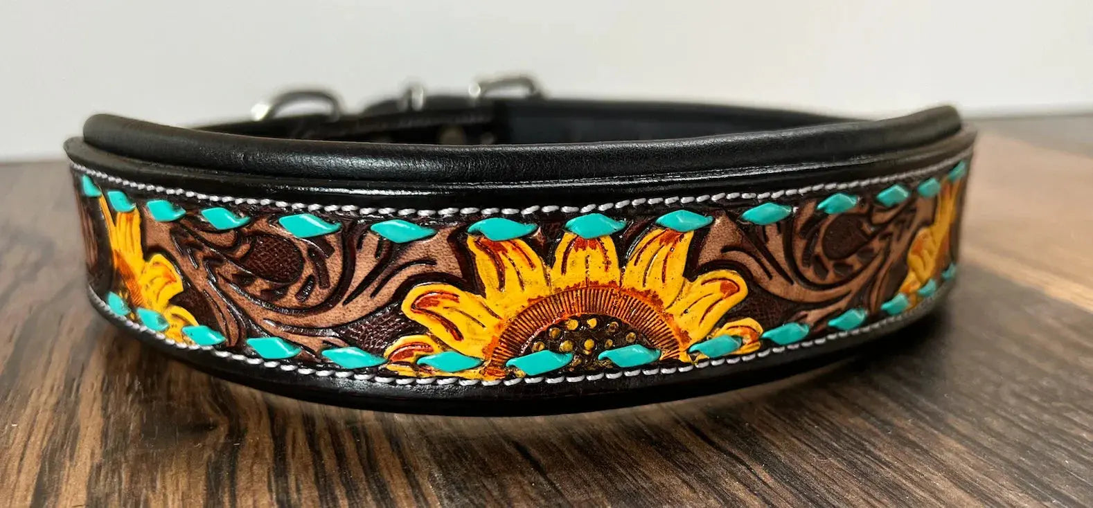 Handcrafted Padded Leather Tooled Dog Collar Sunflower with Teal Stitching Dog