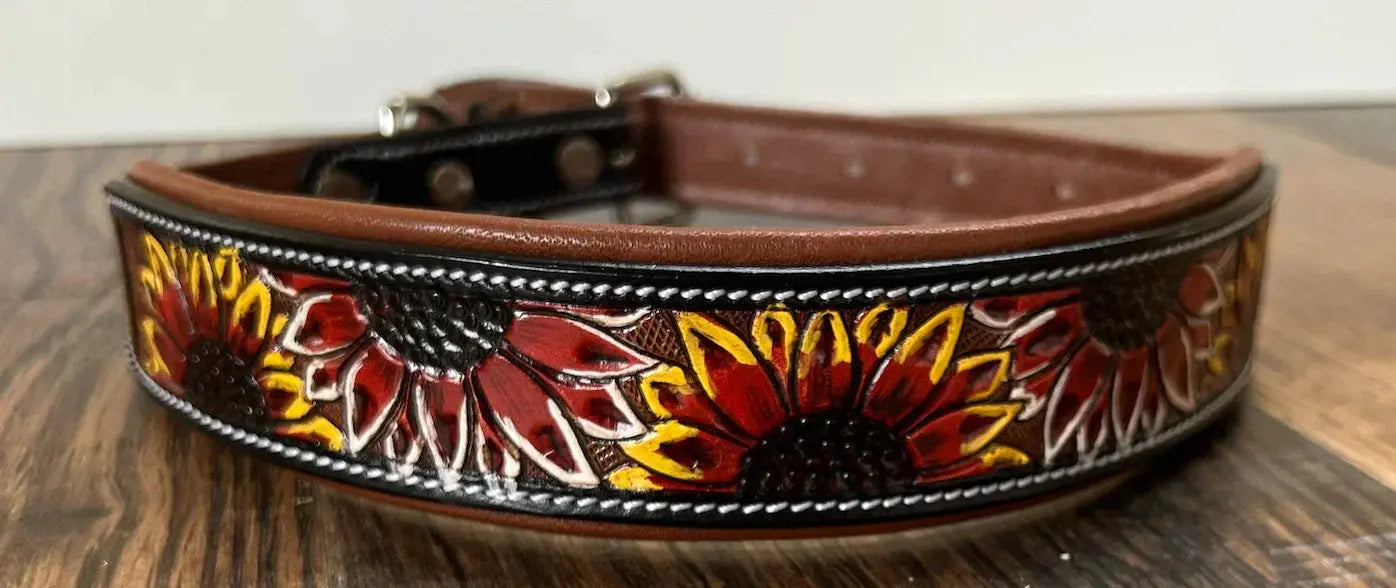 Handcrafted Padded Leather Tooled Dog Collar Fire Sunflowers Dog