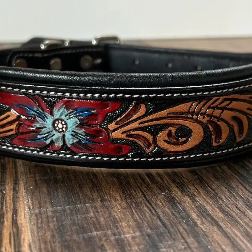 Handcrafted Padded Leather Tooled Dog Collar Blue/Red flowers Dog