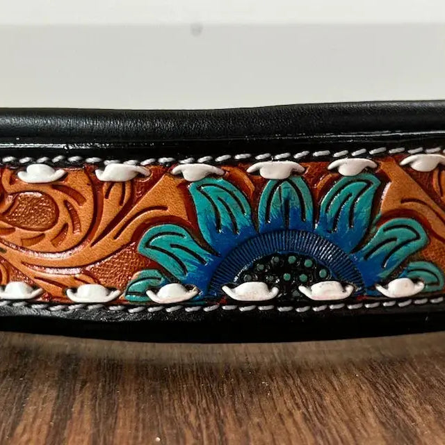 Handcrafted Padded Leather Tooled Dog Collar Blue Sunflower Dog