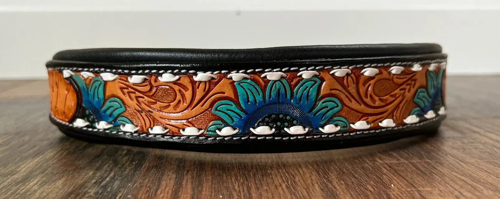 Handcrafted Padded Leather Tooled Dog Collar Blue Sunflower Dog
