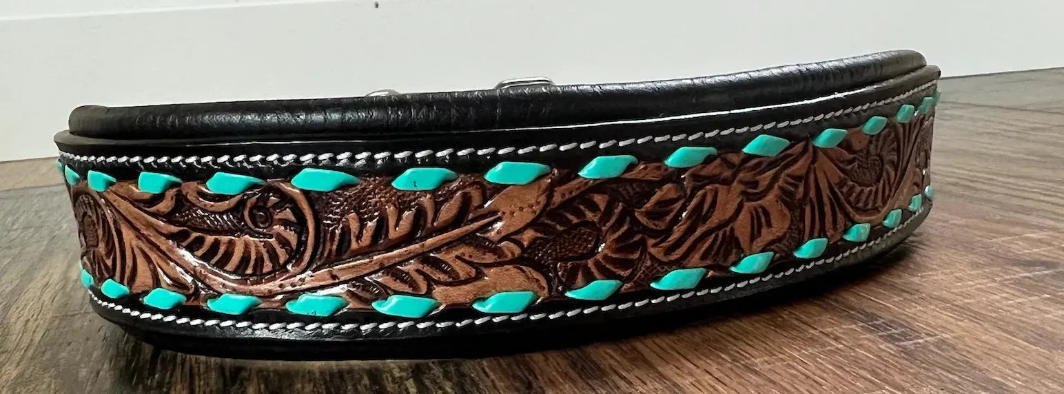 Handcrafted Padded Leather Tooled Dog Collar Leaf tooling and Teal lacing Dog